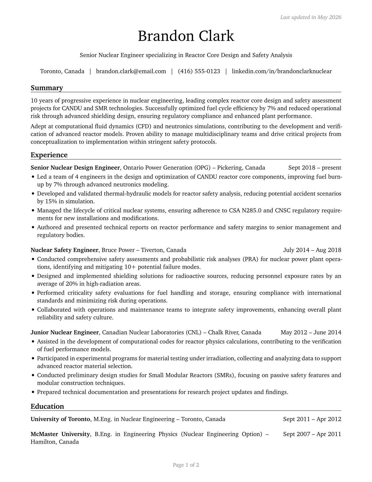 Nuclear Engineers CV in English — page 1