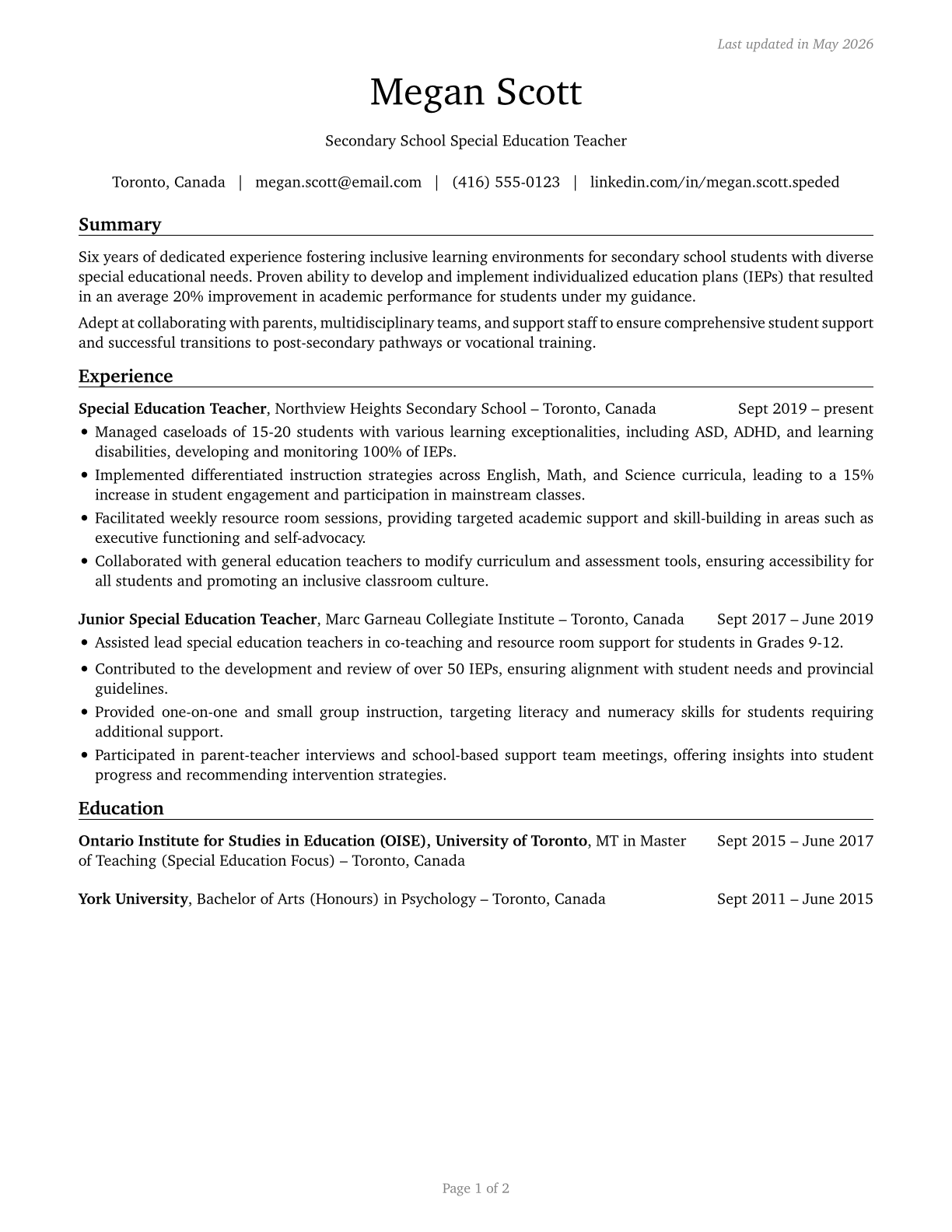 Special Education Teachers, Secondary School CV in English — page 1