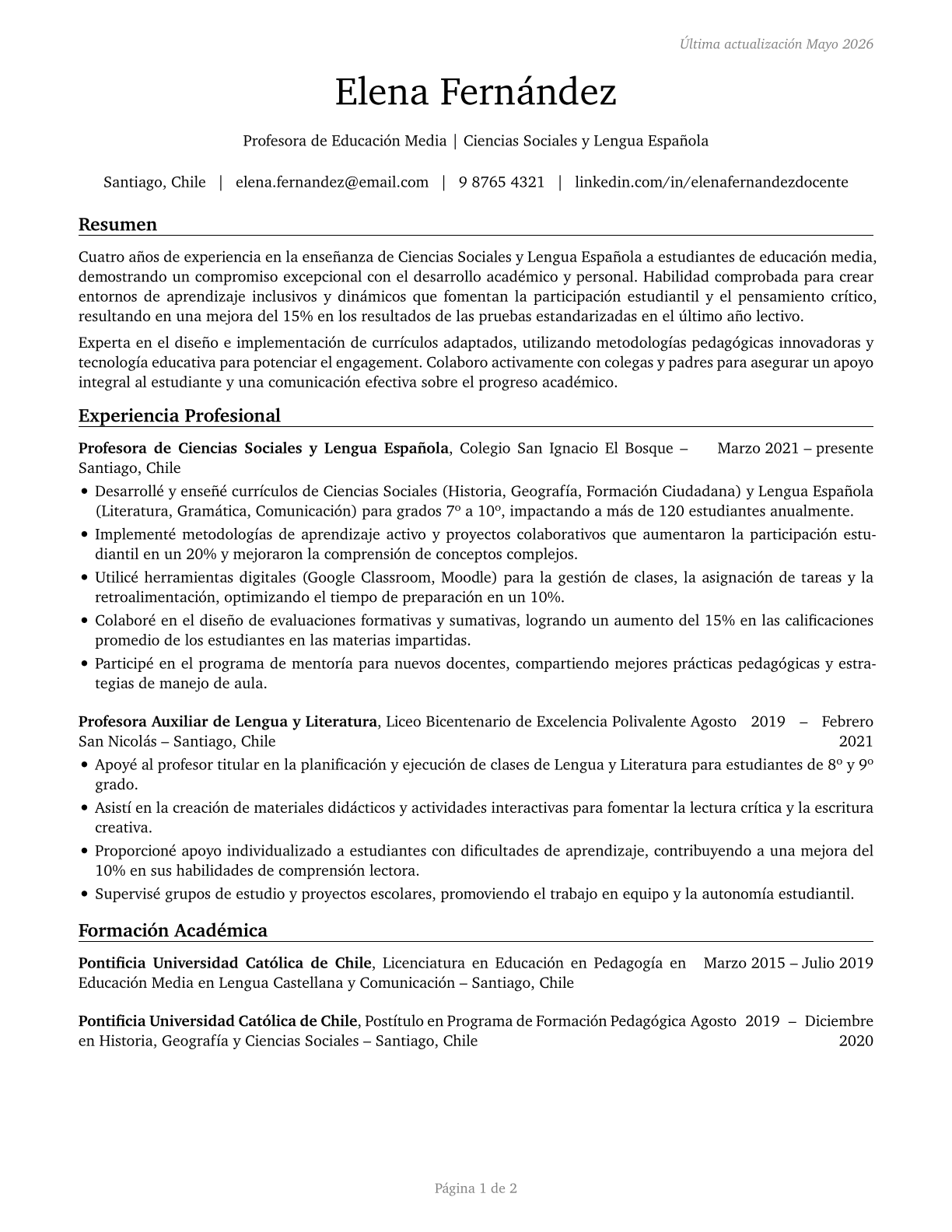 Middle School Teachers, Except Special and Career/Technical Education CV in Spanish — page 1