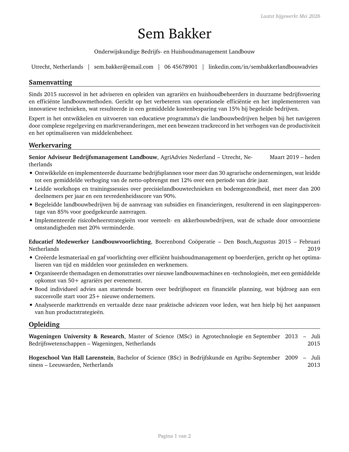 Farm and Home Management Educators CV in Dutch — page 1