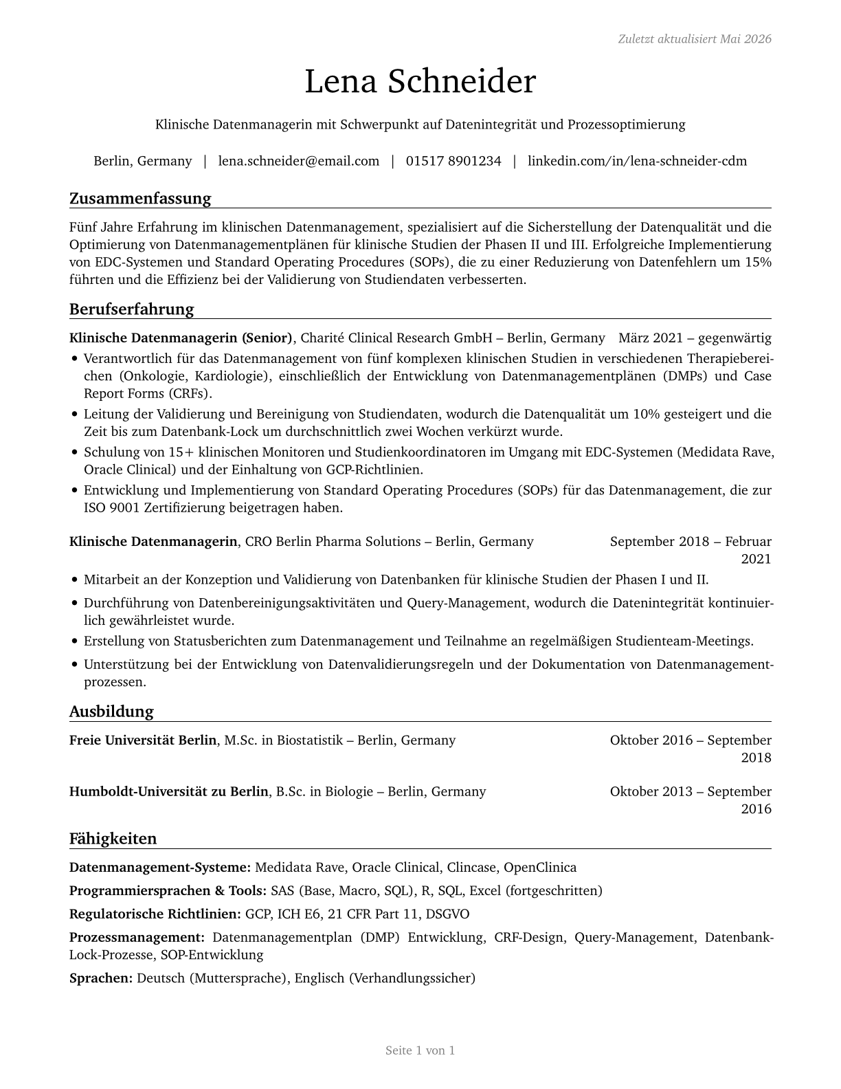 Clinical Data Managers CV in German — page 1