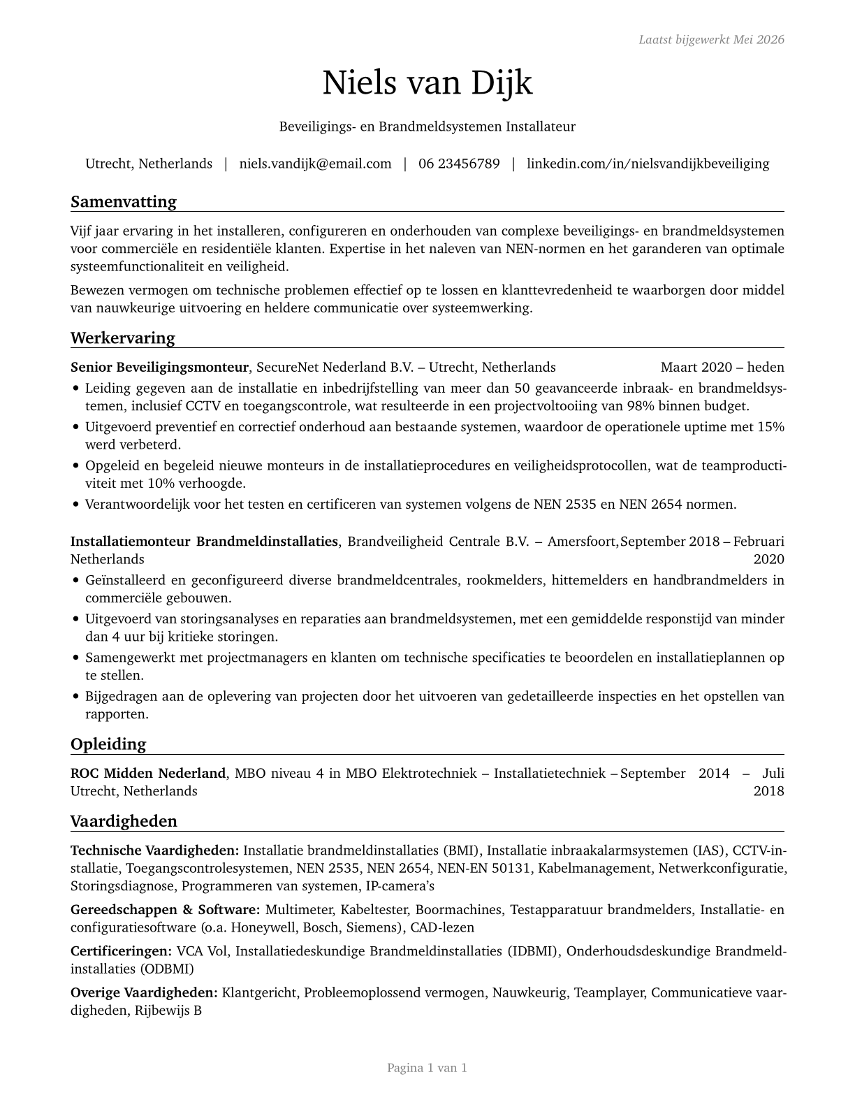 Security and Fire Alarm Systems Installers CV in Dutch — page 1