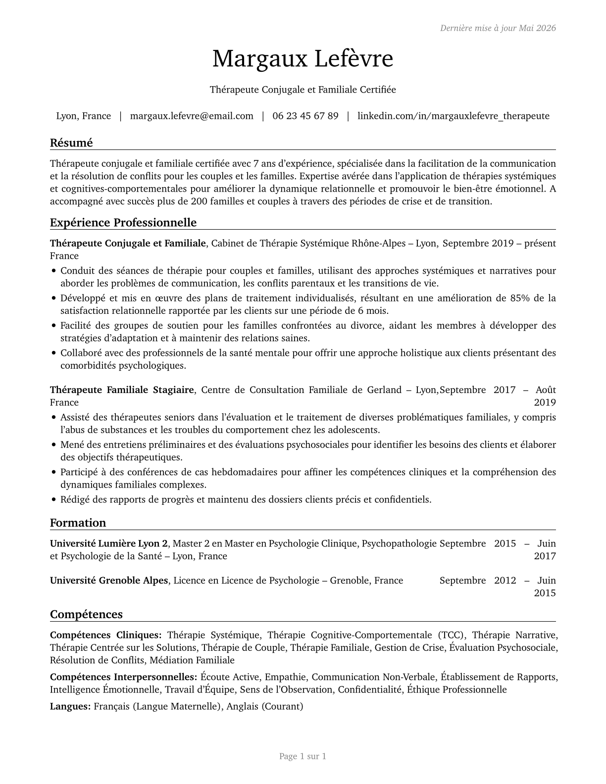 Marriage and Family Therapists CV in French — page 1