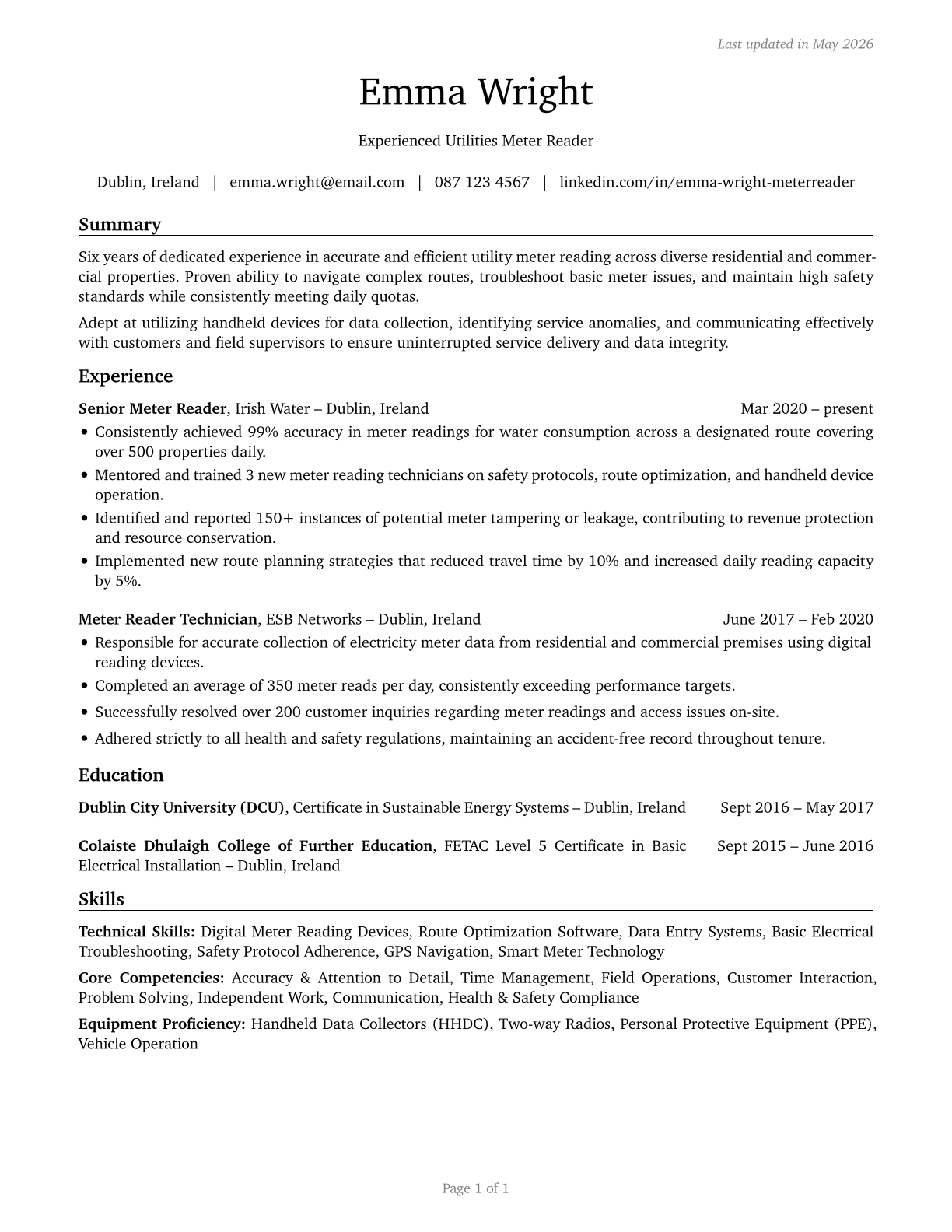 Meter Readers, Utilities CV in English — page 1