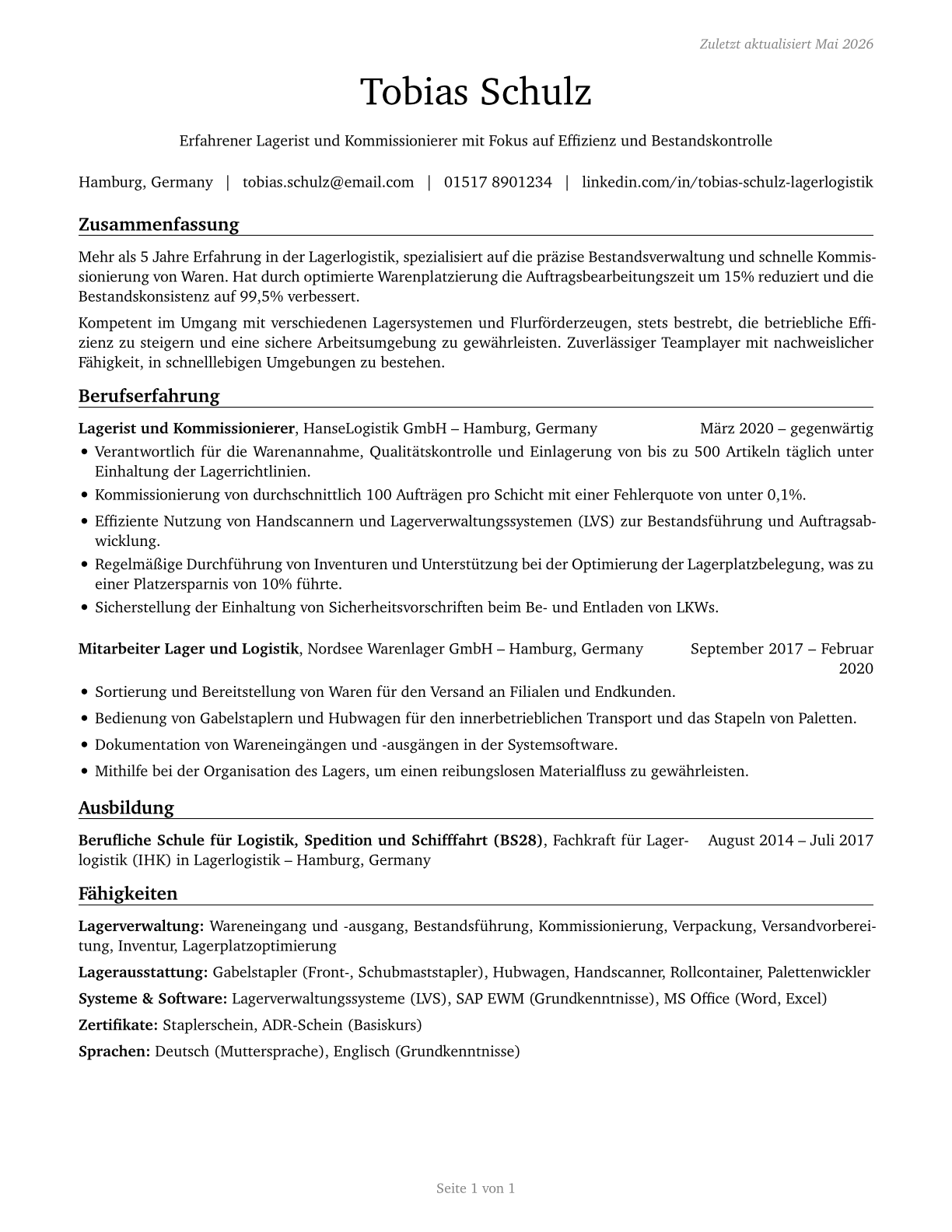 Stockers and Order Fillers CV in German — page 1