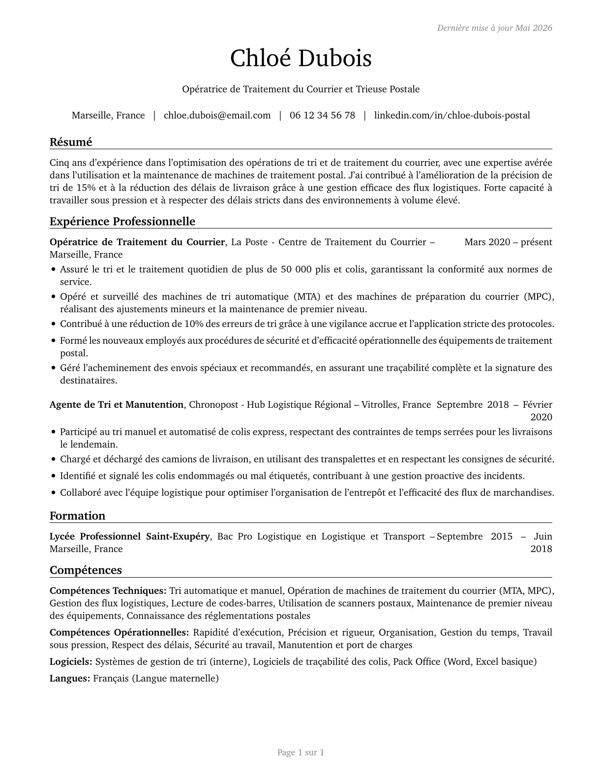 Postal Service Mail Sorters, Processors, and Processing Machine Operators CV in French — page 1