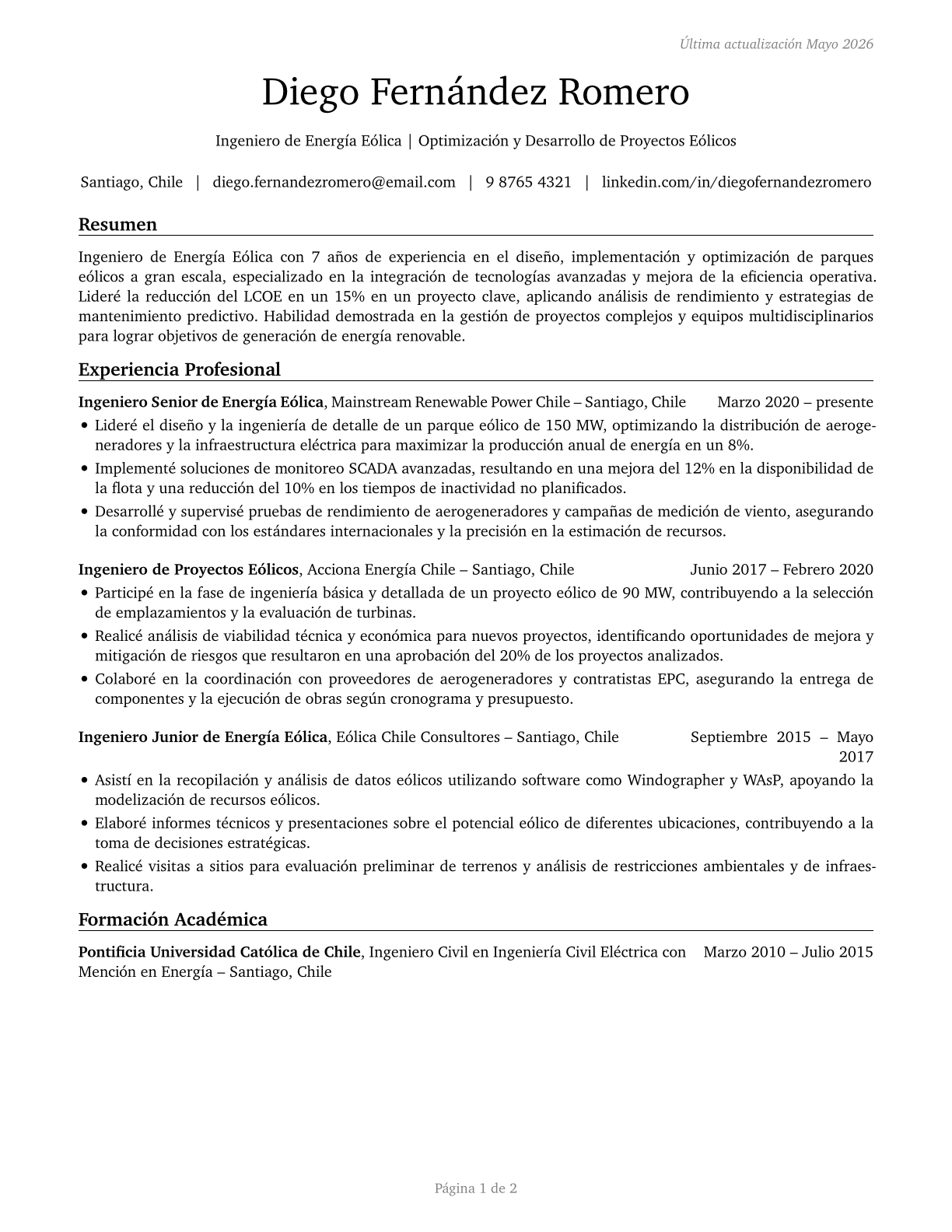 Wind Energy Engineers CV in Spanish — page 1