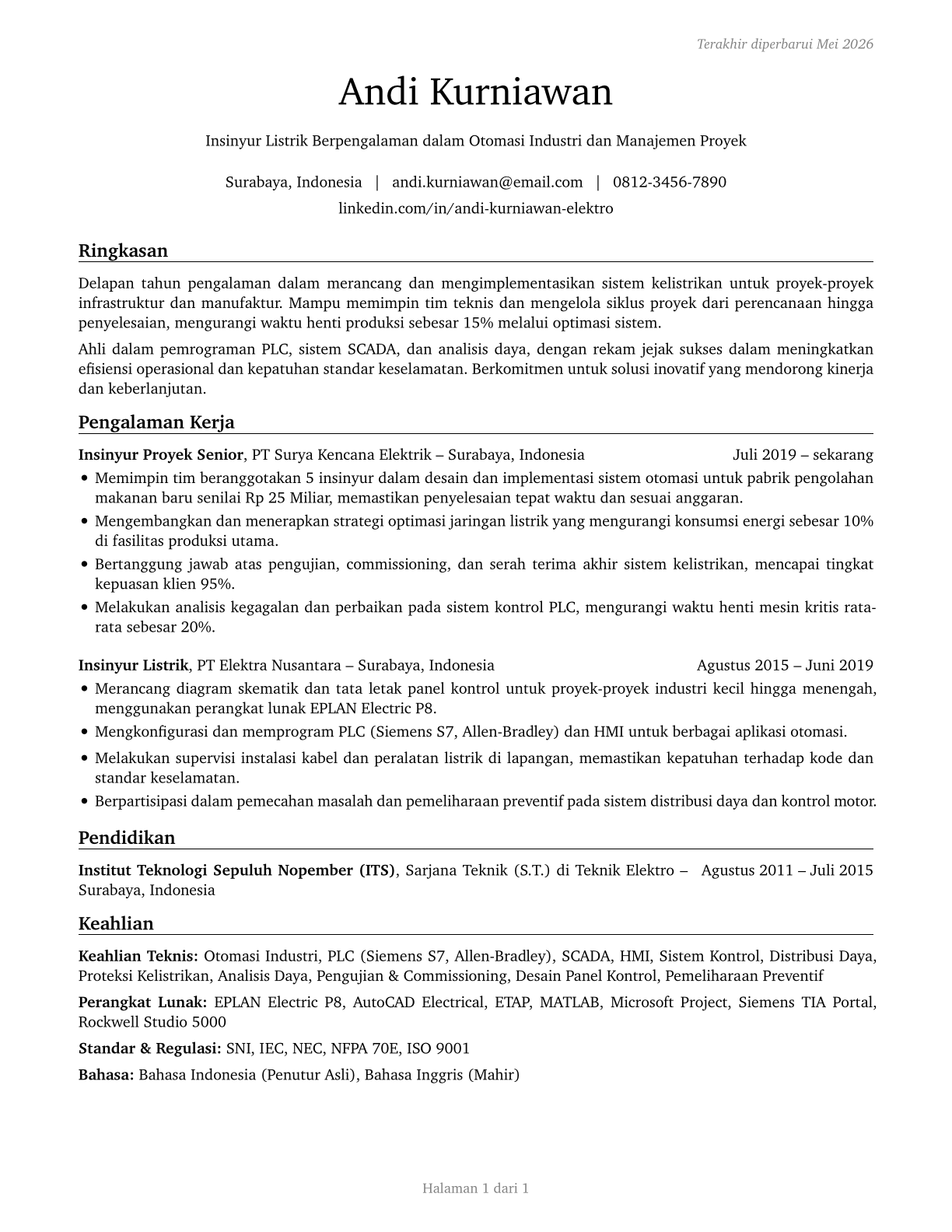 Electrical Engineers CV in Indonesian — page 1