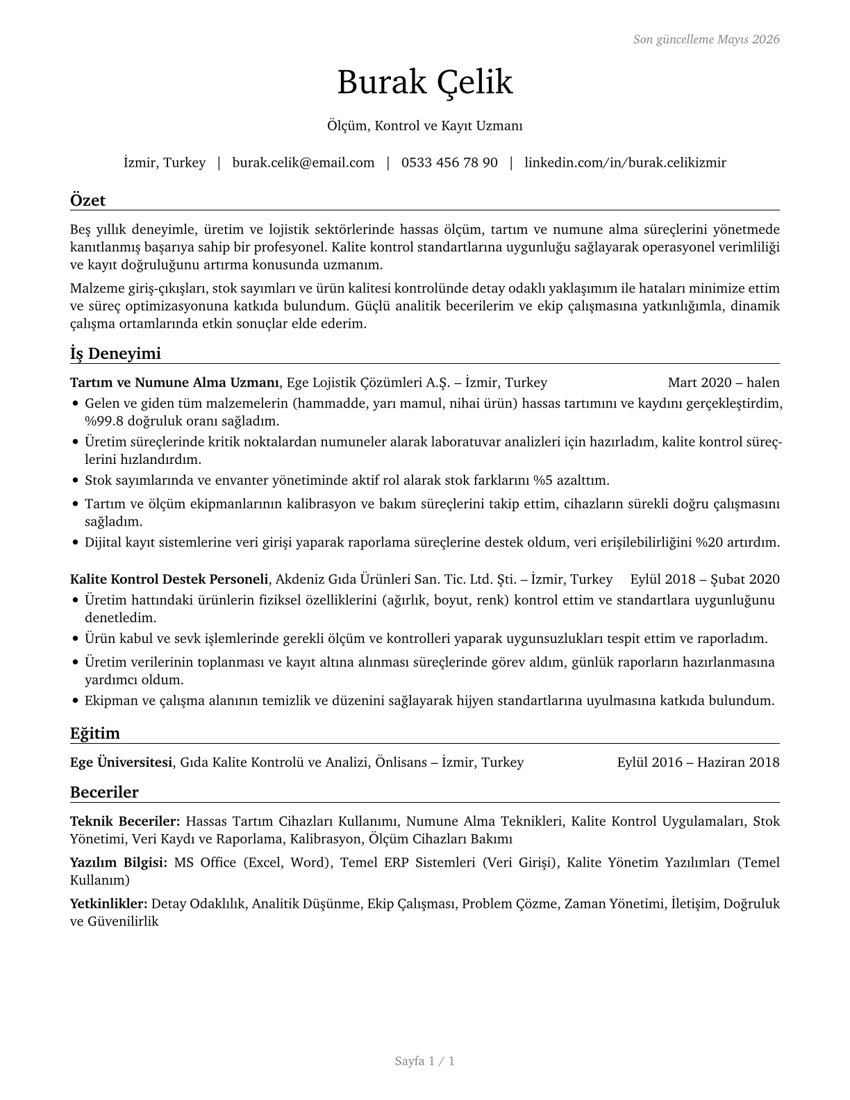Weighers, Measurers, Checkers, and Samplers, Recordkeeping CV in Turkish — page 1