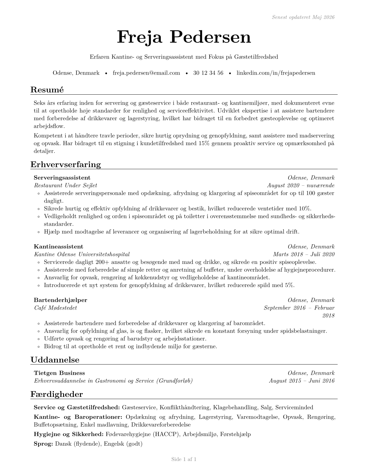 Dining Room and Cafeteria Attendants and Bartender Helpers CV in Danish — page 1