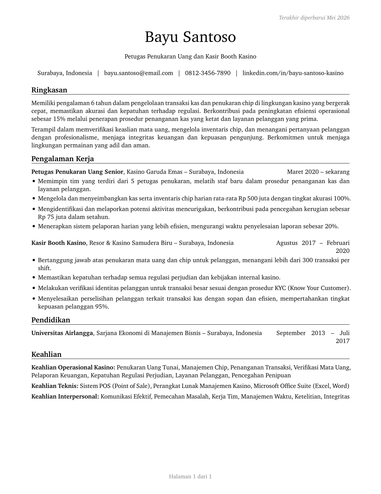 Gambling Change Persons and Booth Cashiers CV in Indonesian — page 1