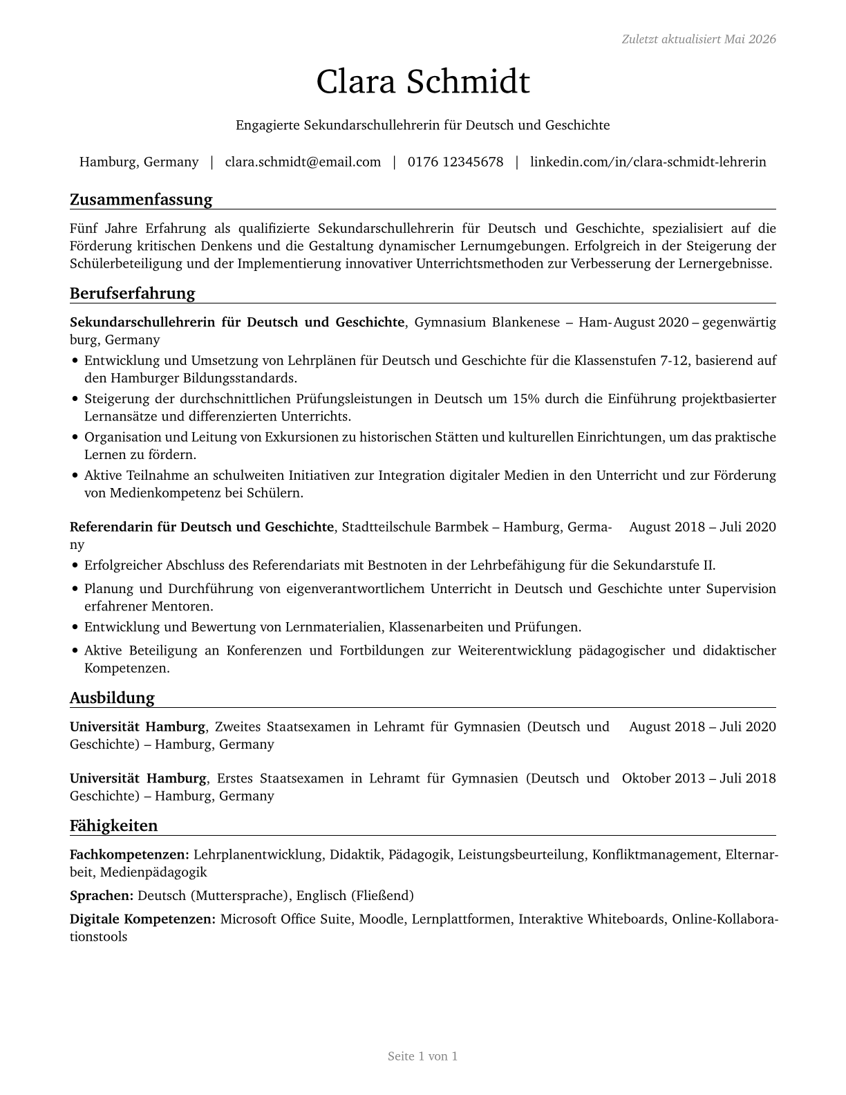 Secondary School Teachers, Except Special and Career/Technical Education CV in German — page 1