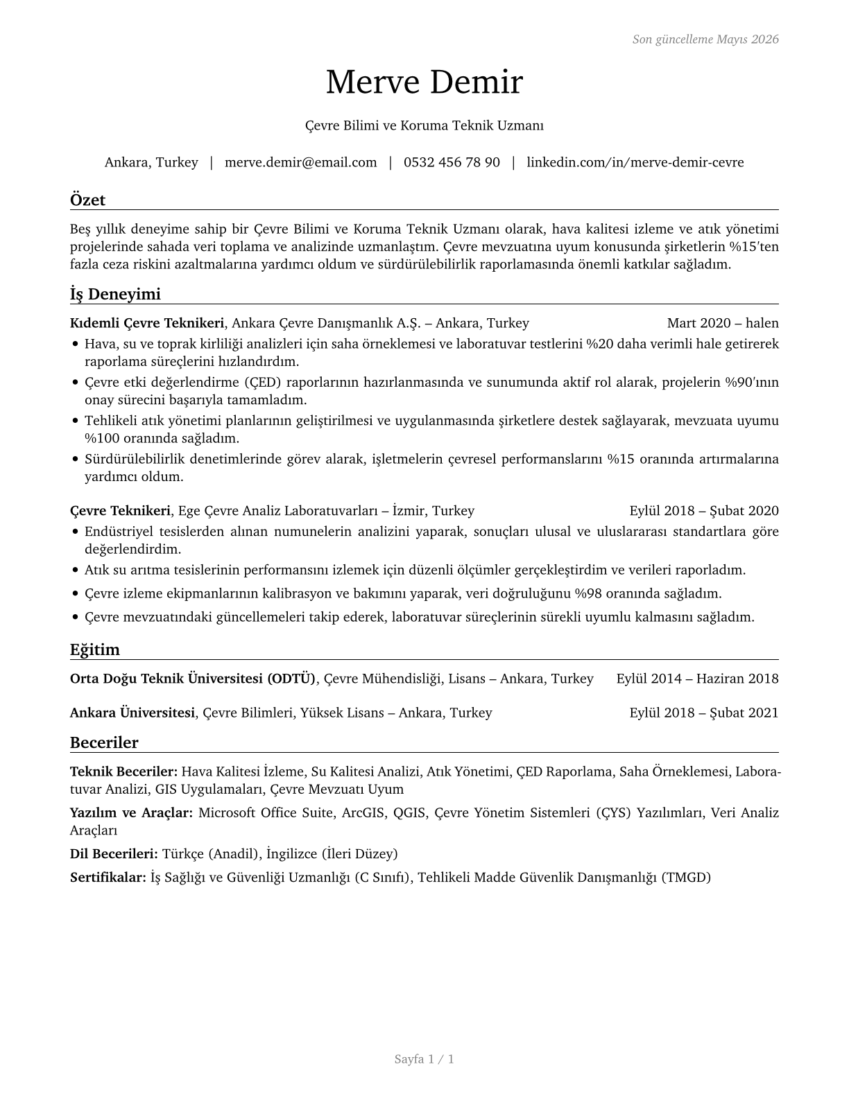 Environmental Science and Protection Technicians, Including Health CV in Turkish — page 1