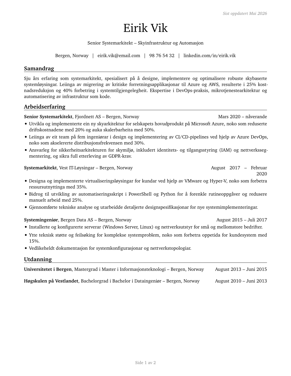 Computer Systems Engineers/Architects CV in Norwegian_nynorsk — page 1