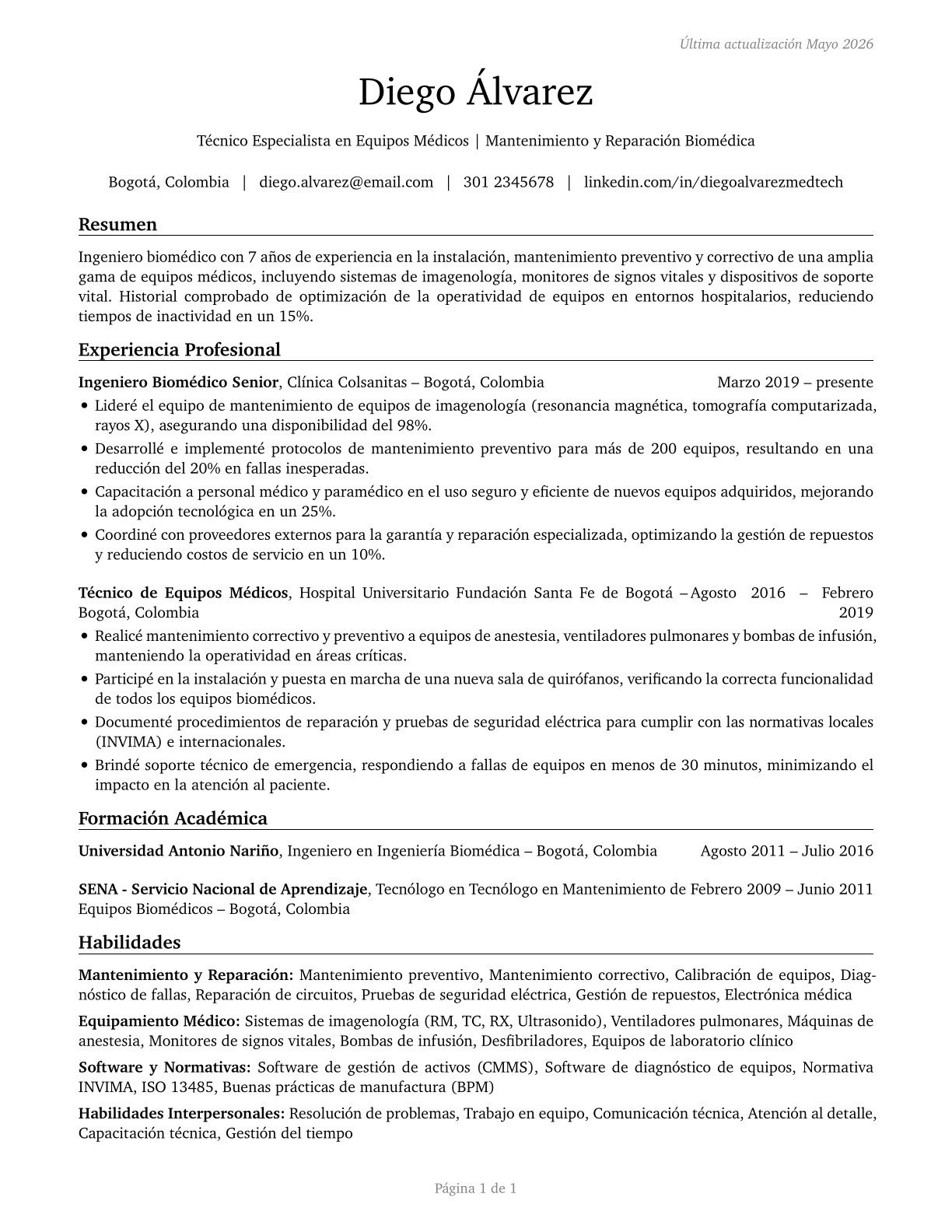 Medical Equipment Repairers CV in Spanish — page 1