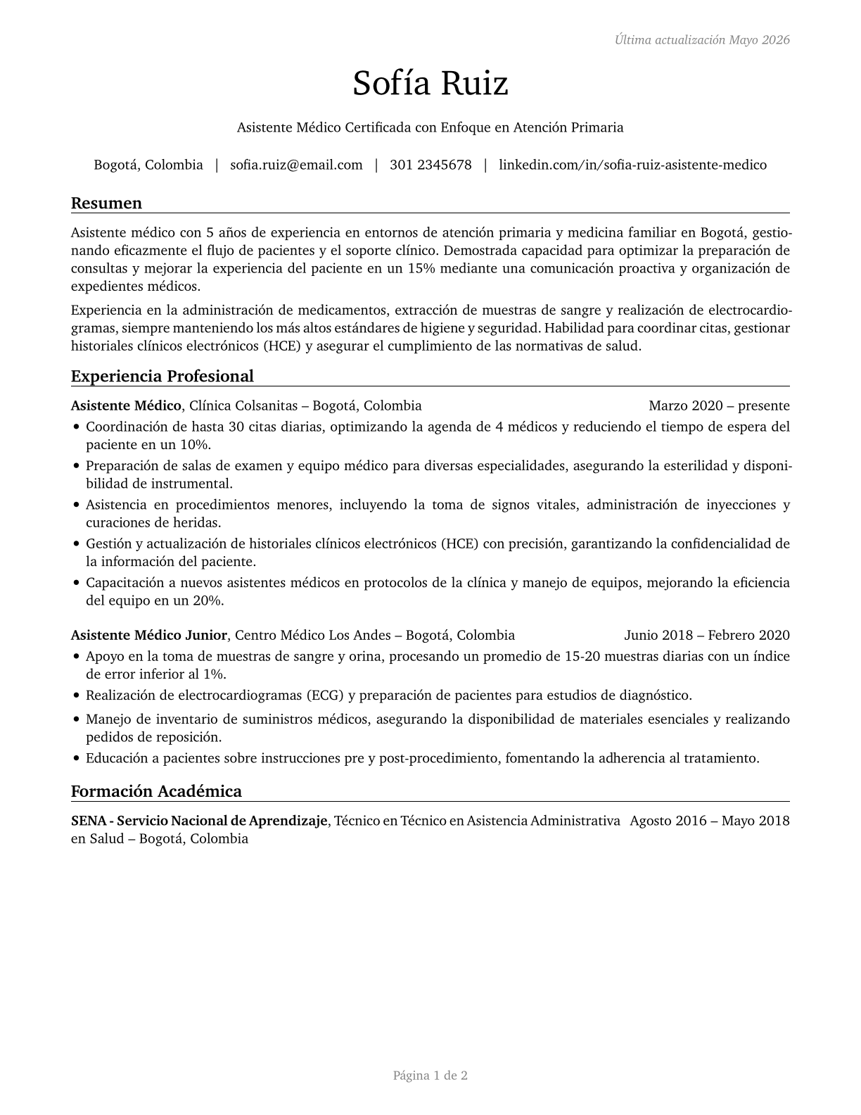 Medical Assistants CV in Spanish — page 1