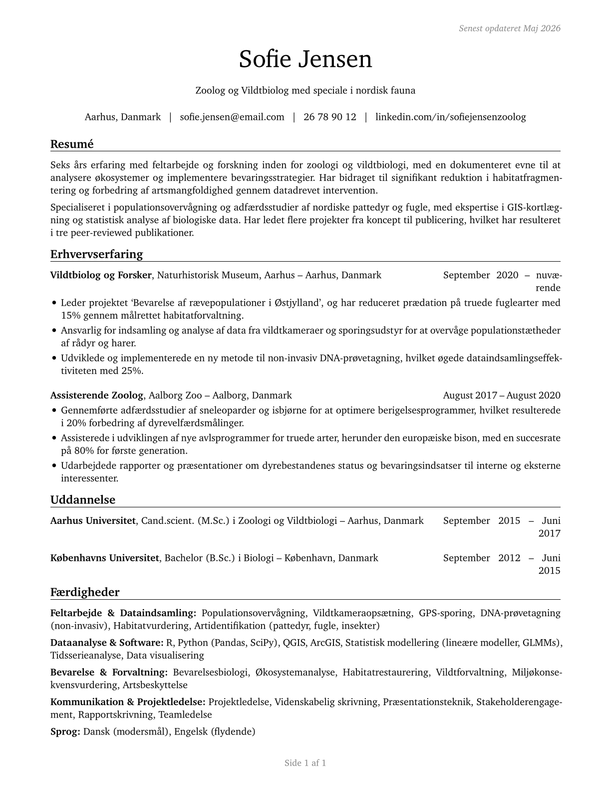 Zoologists and Wildlife Biologists CV in Danish — page 1