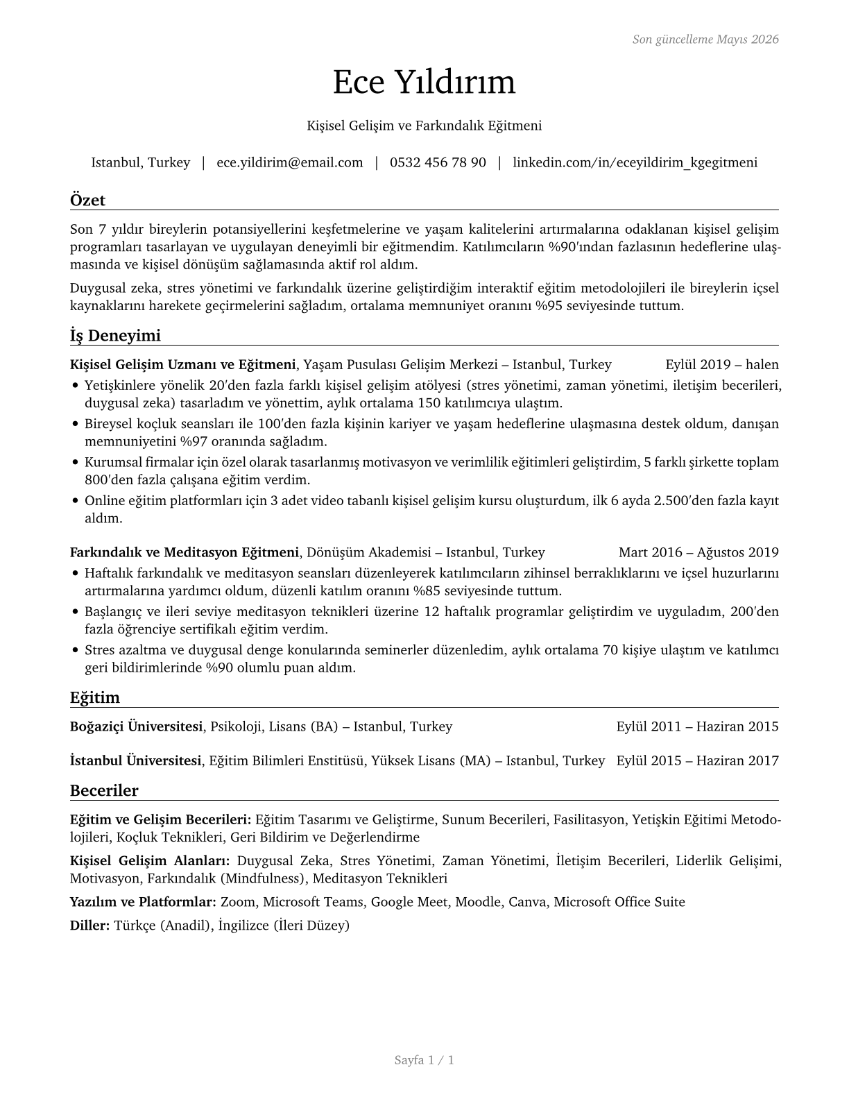 Self-Enrichment Teachers CV in Turkish — page 1