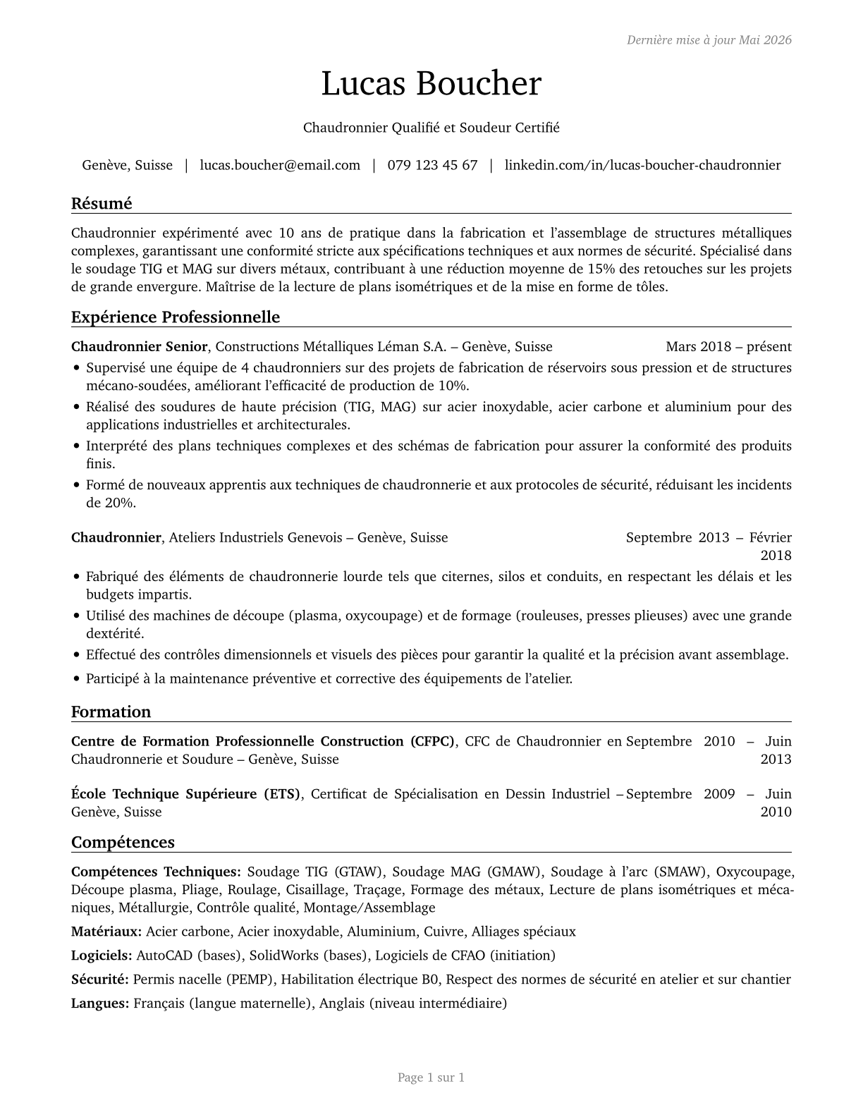 Boilermakers CV in French — page 1