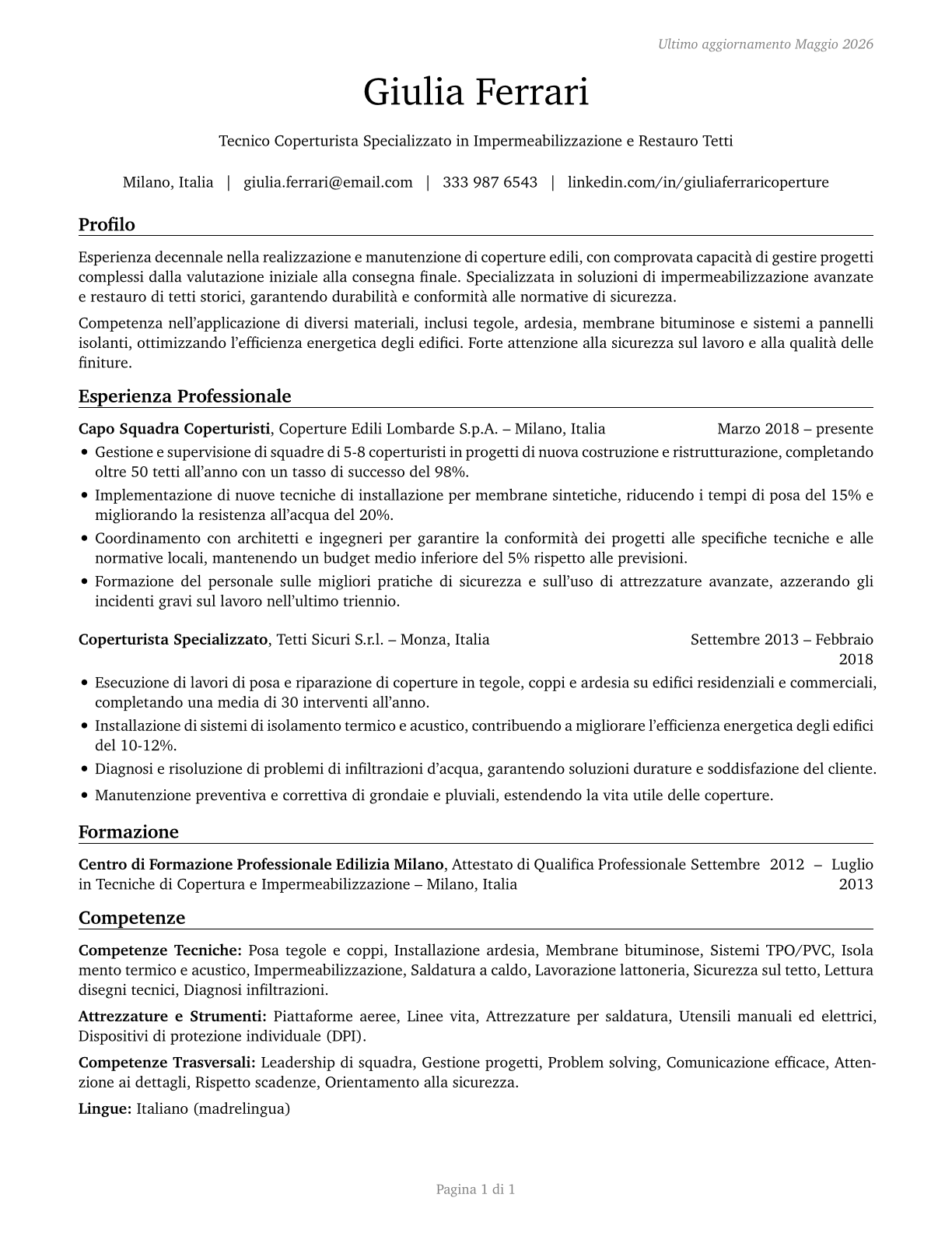 Roofers CV in Italian — page 1