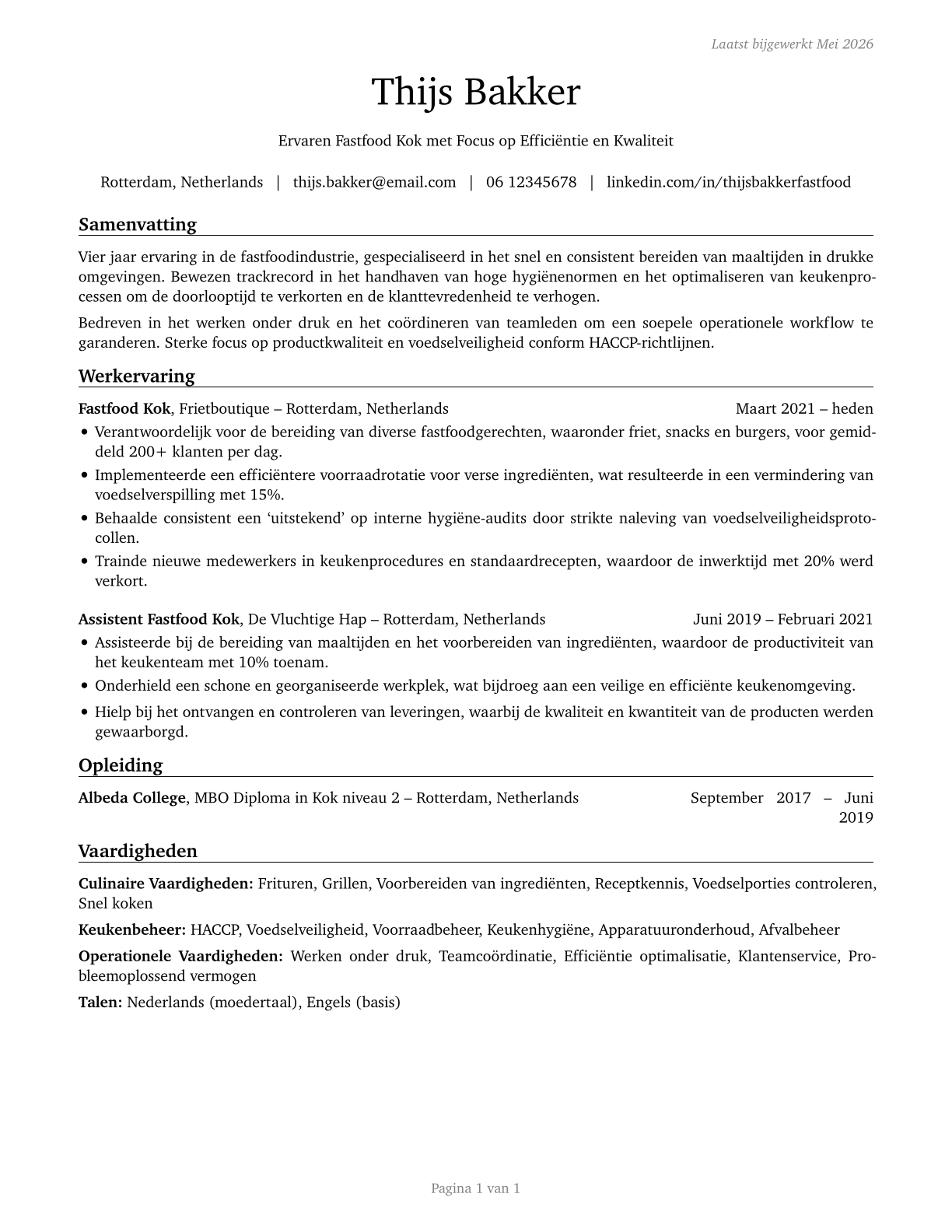 Cooks, Fast Food CV in Dutch — page 1