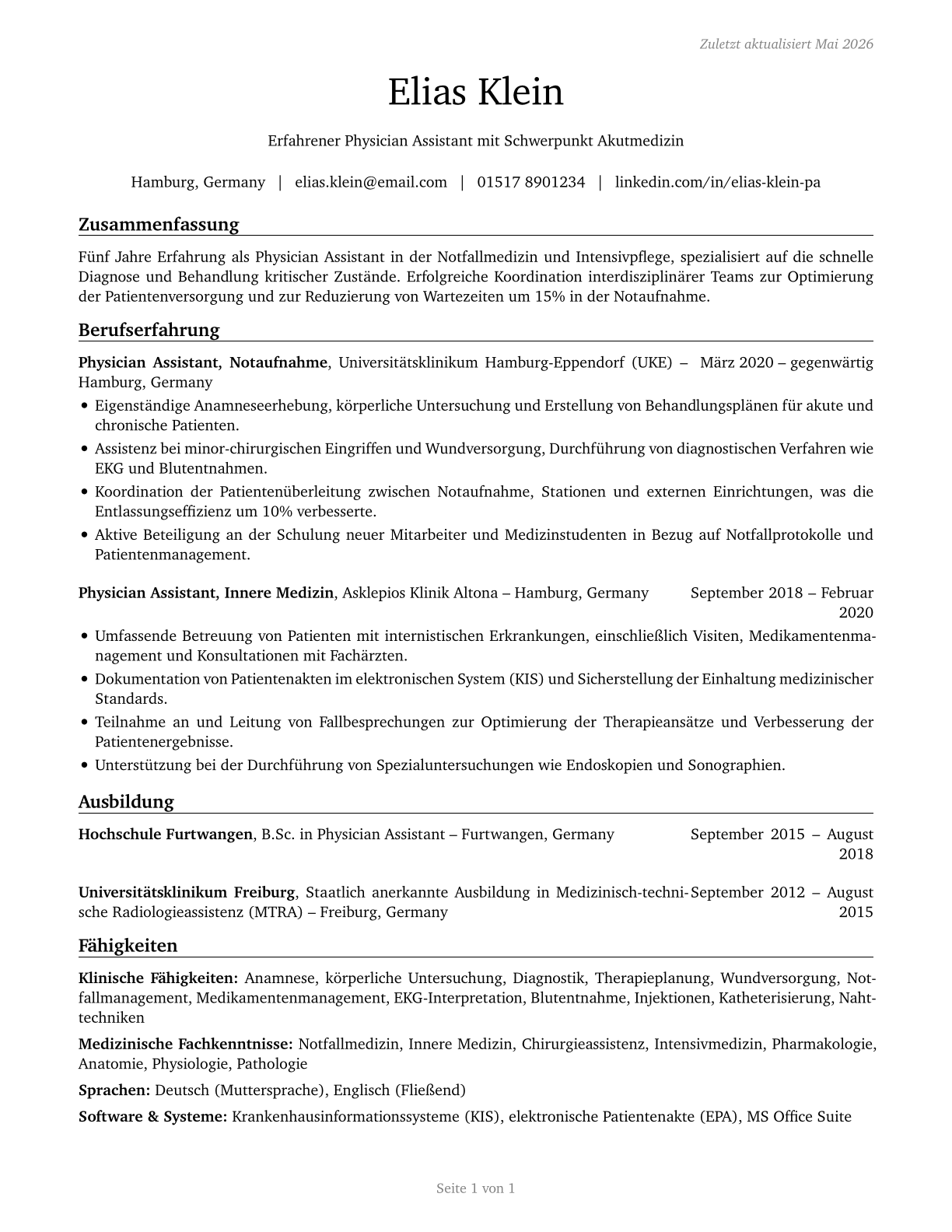 Physician Assistants CV in German — page 1