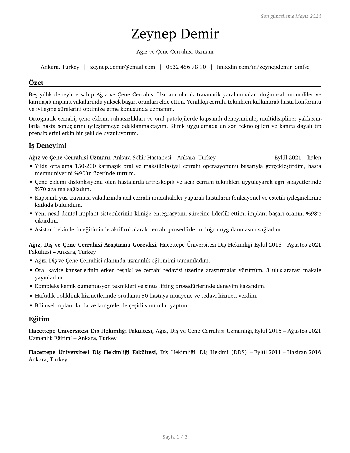 Oral and Maxillofacial Surgeons CV in Turkish — page 1