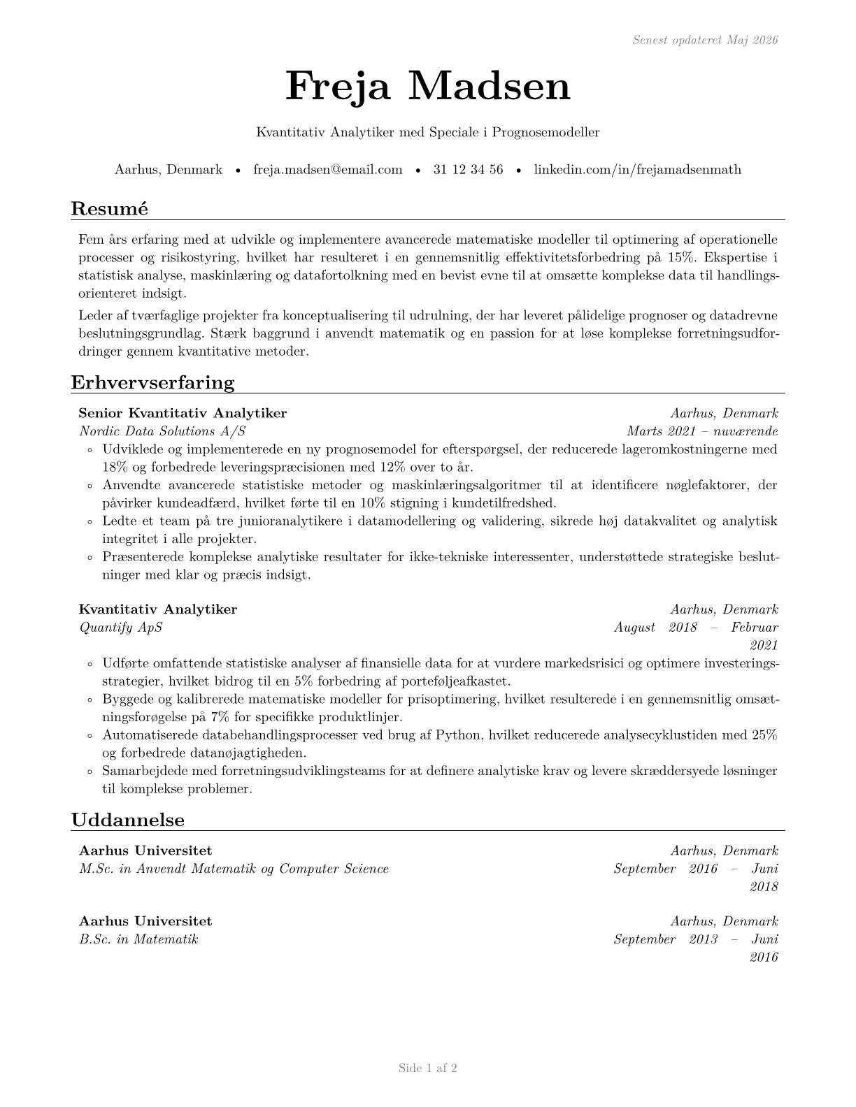 Mathematical Science Occupations, All Other CV in Danish — page 1