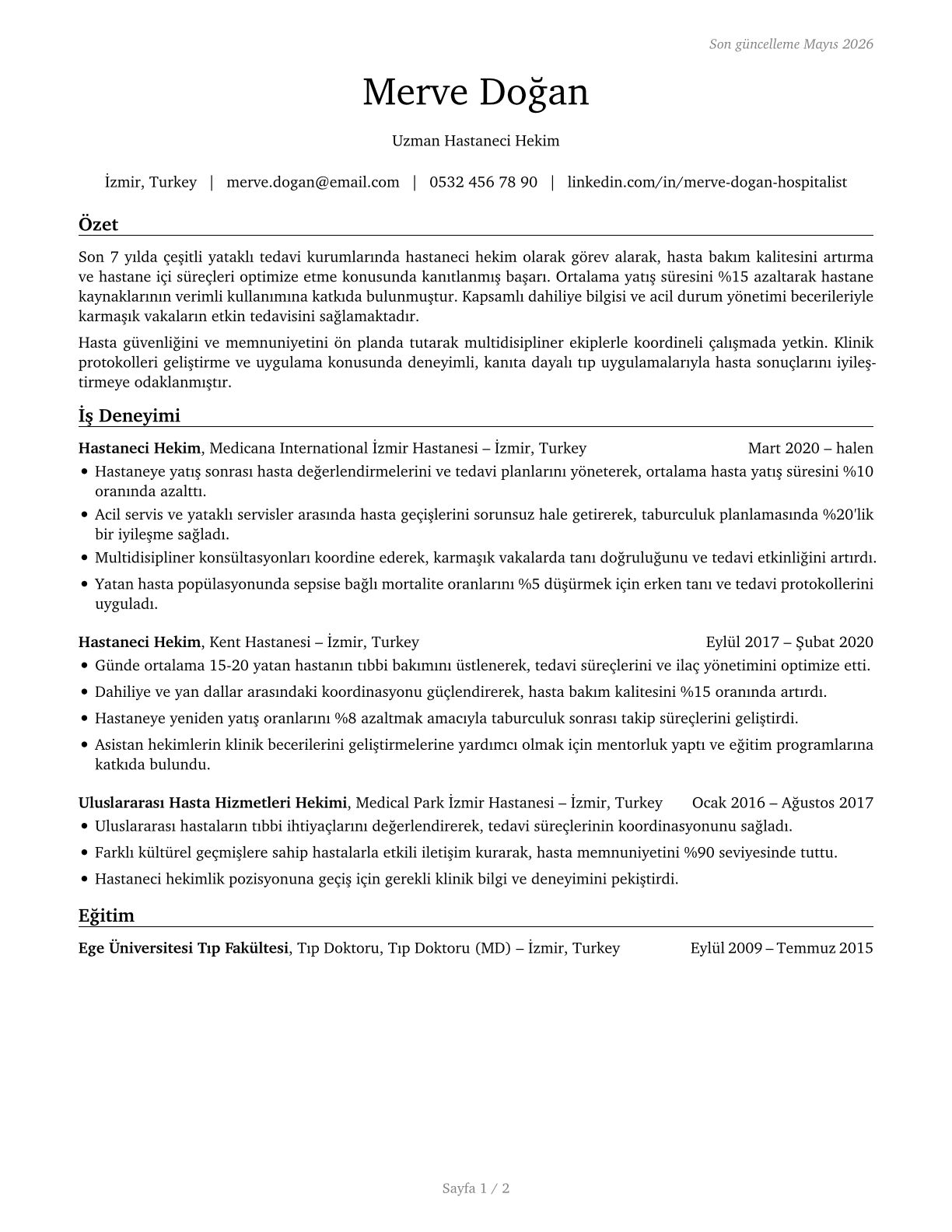 Hospitalists CV in Turkish — page 1