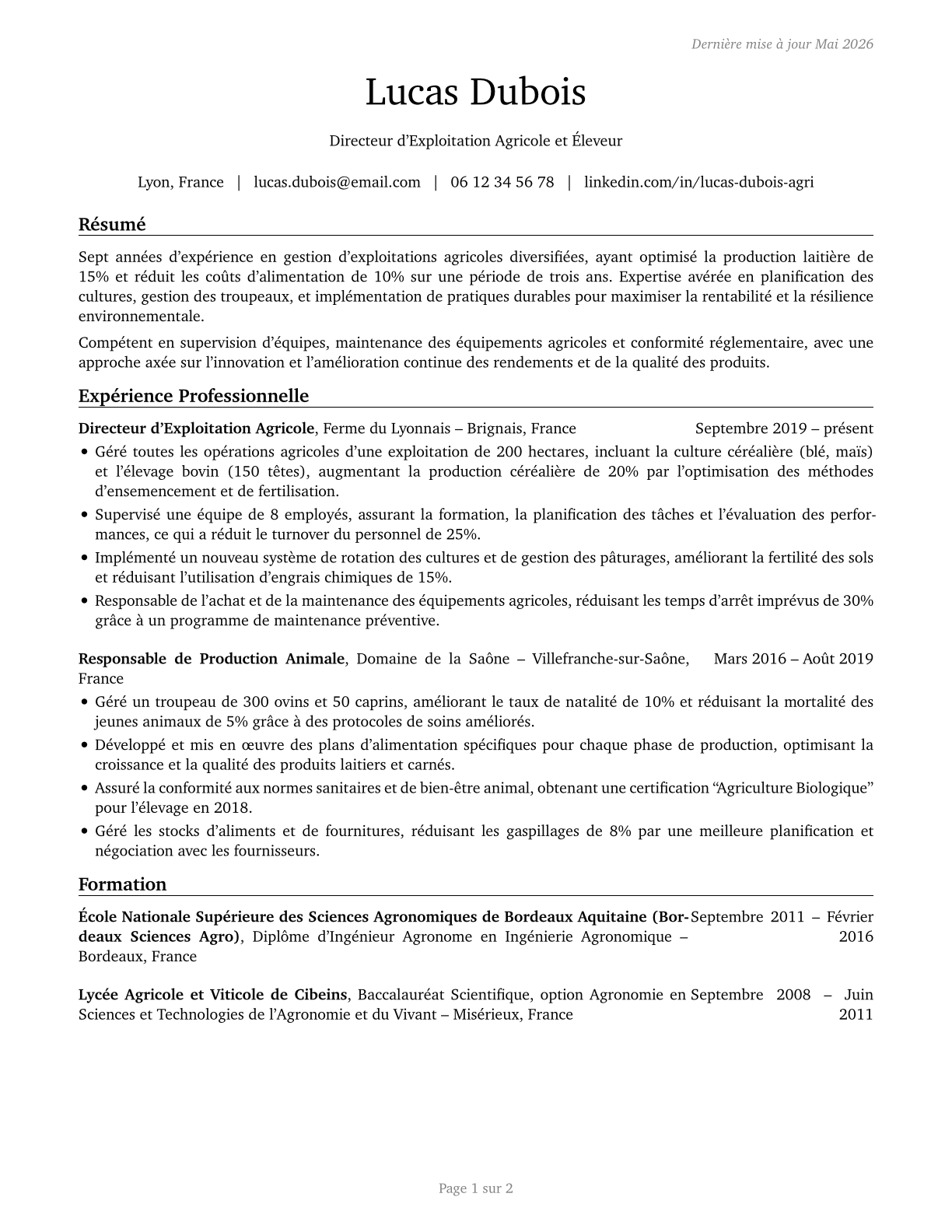 Farmers, Ranchers, and Other Agricultural Managers CV in French — page 1