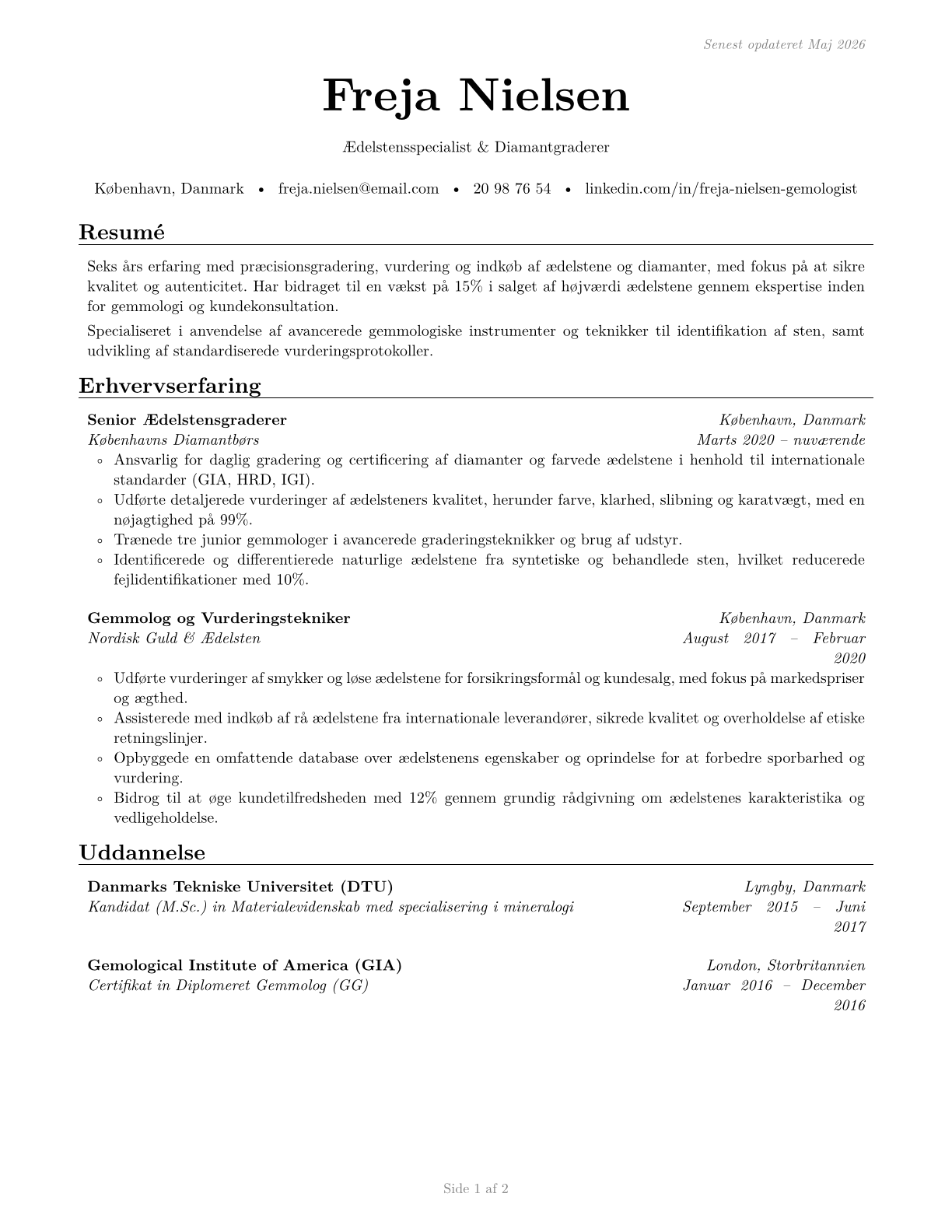 Gem and Diamond Workers CV in Danish — page 1