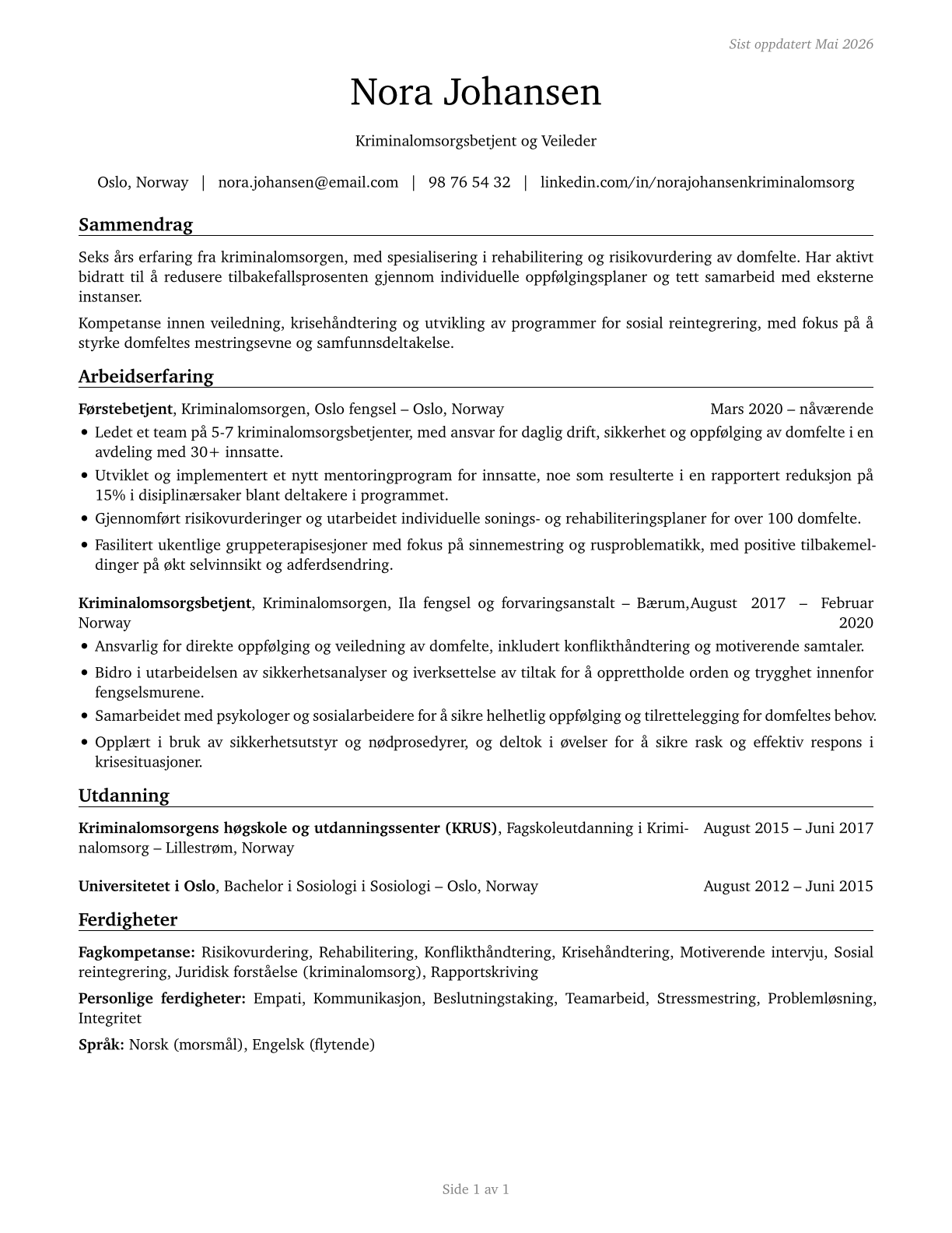 Probation Officers and Correctional Treatment Specialists CV in Norwegian_bokmal — page 1