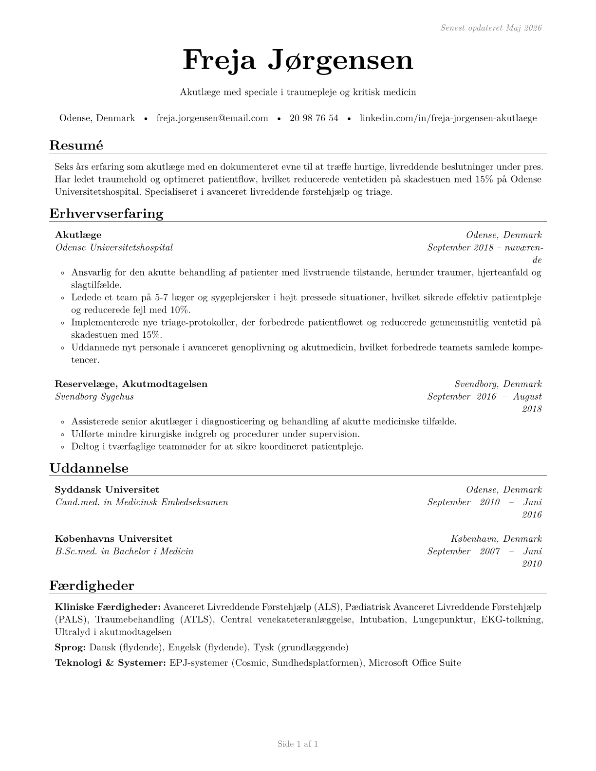 Emergency Medicine Physicians CV in Danish — page 1