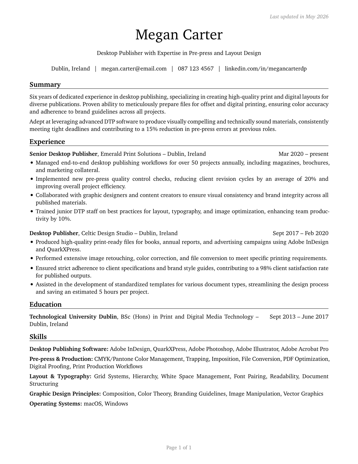 Desktop Publishers CV in English — page 1