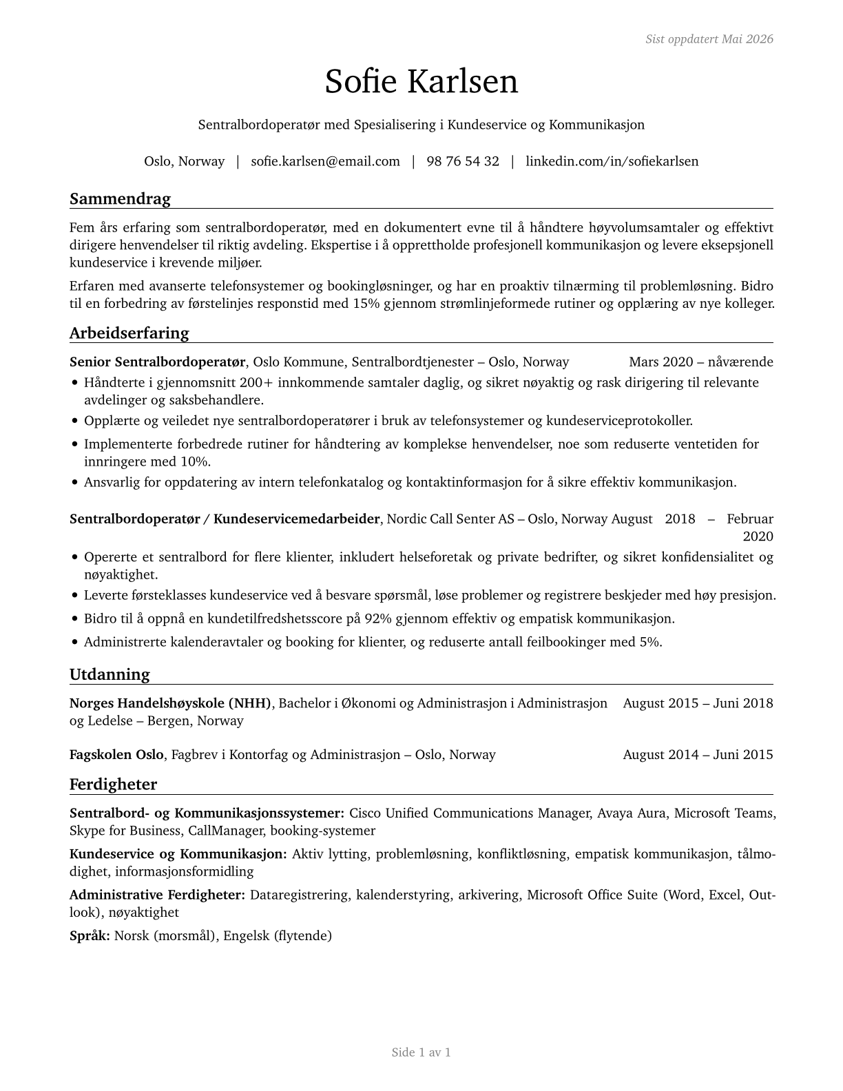 Switchboard Operators, Including Answering Service CV in Norwegian_bokmal — page 1