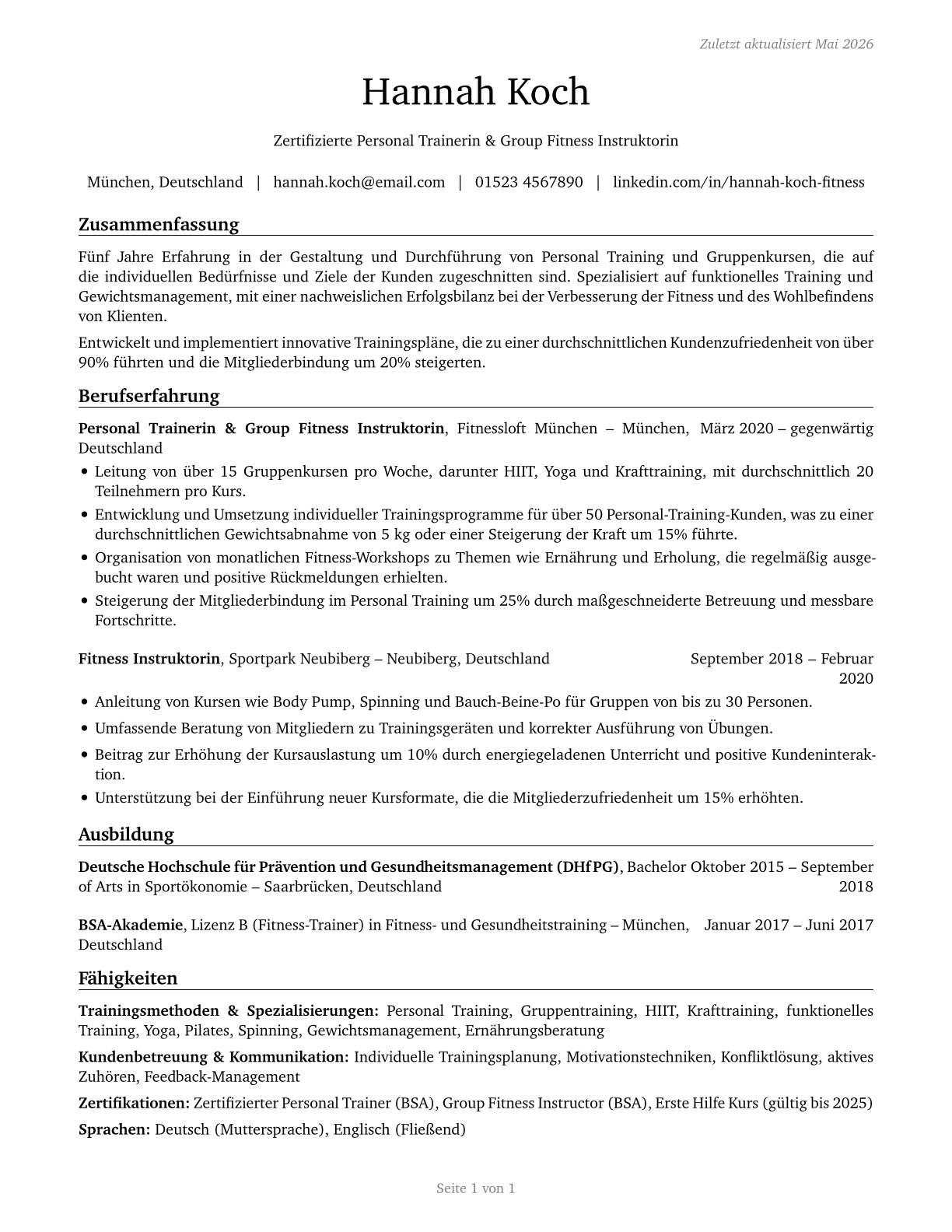 Exercise Trainers and Group Fitness Instructors CV in German — page 1