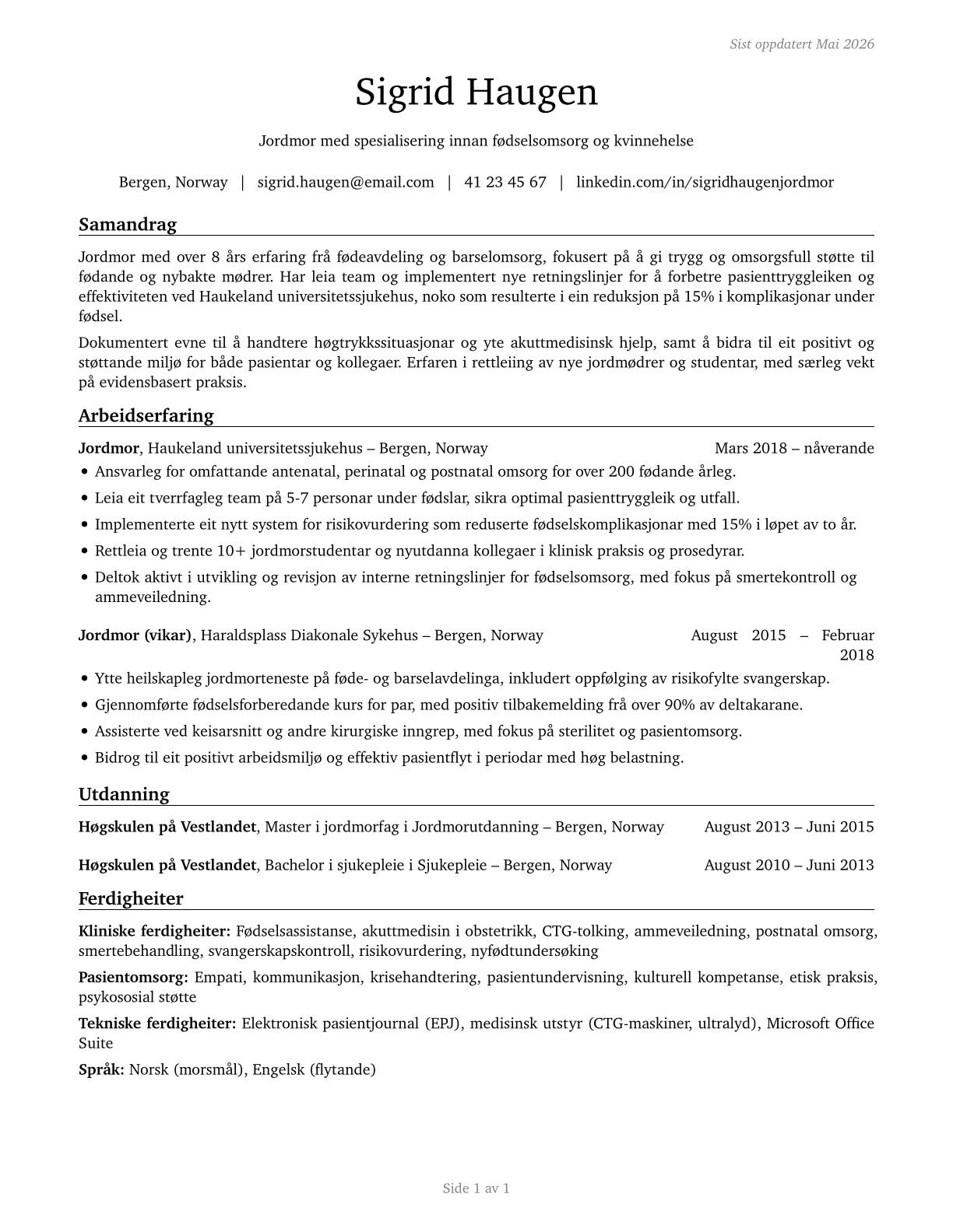 Nurse Midwives CV in Norwegian_nynorsk — page 1