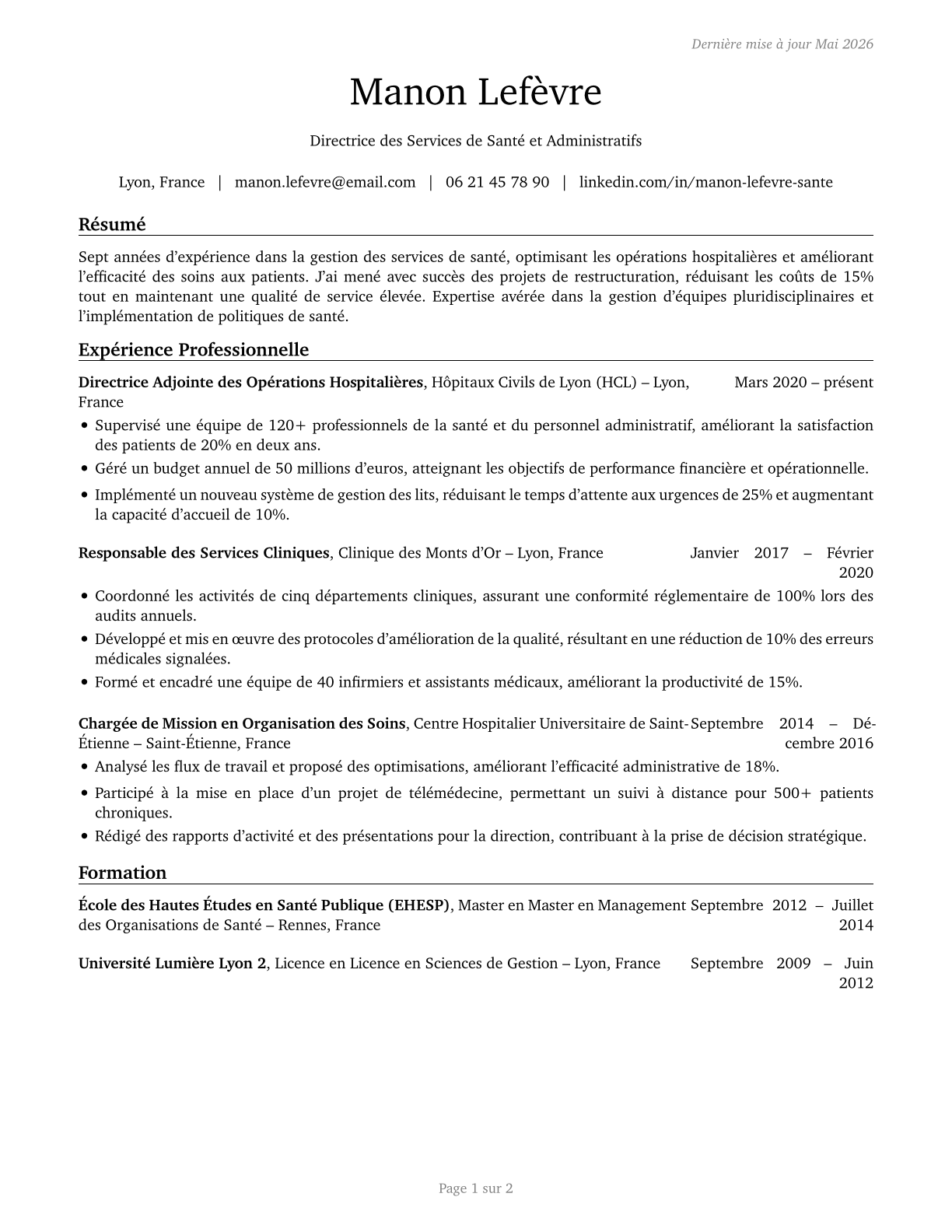 Medical and Health Services Managers CV in French — page 1