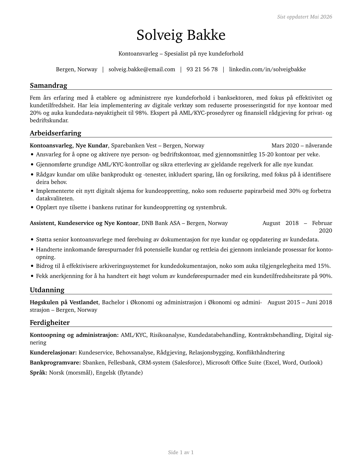 New Accounts Clerks CV in Norwegian_nynorsk — page 1