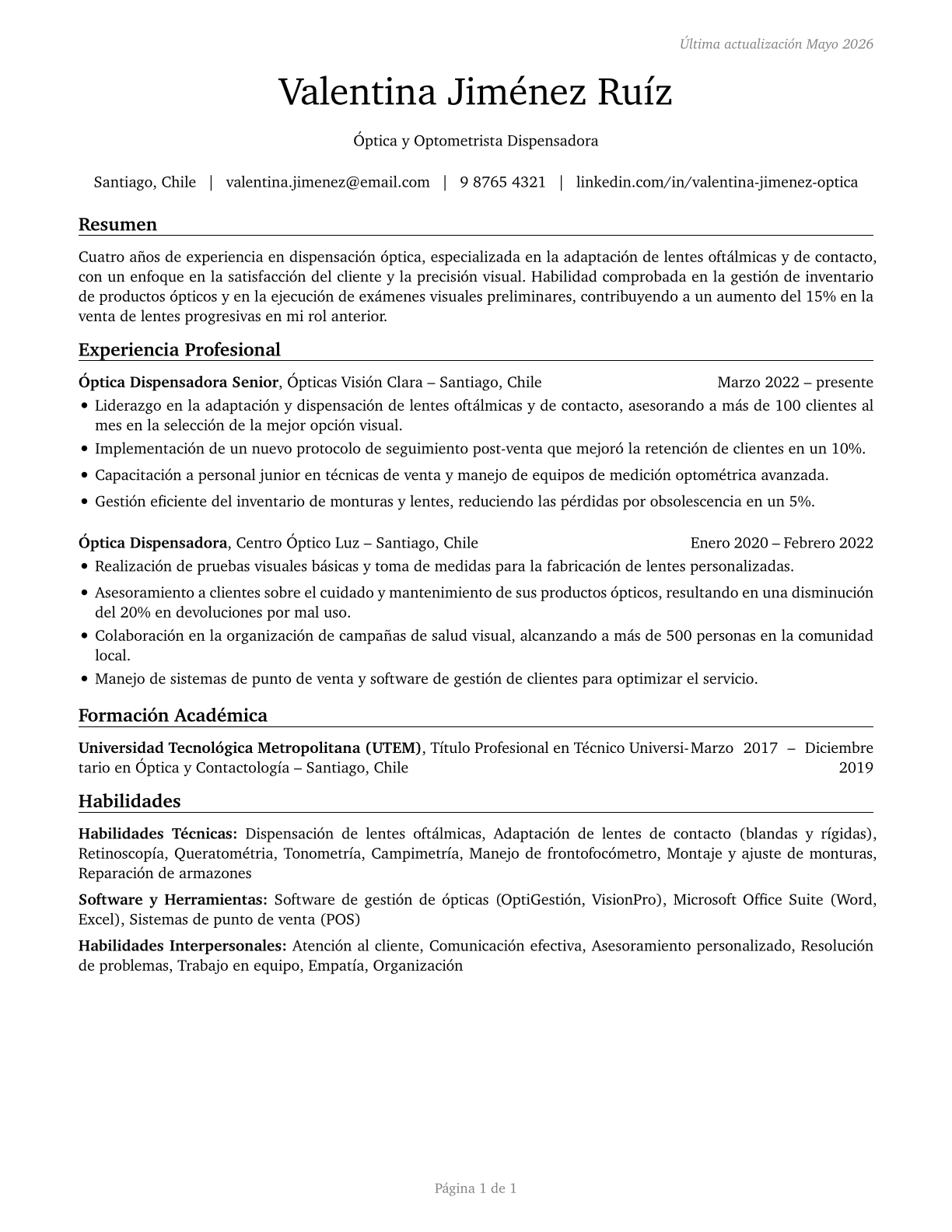 Opticians, Dispensing CV in Spanish — page 1