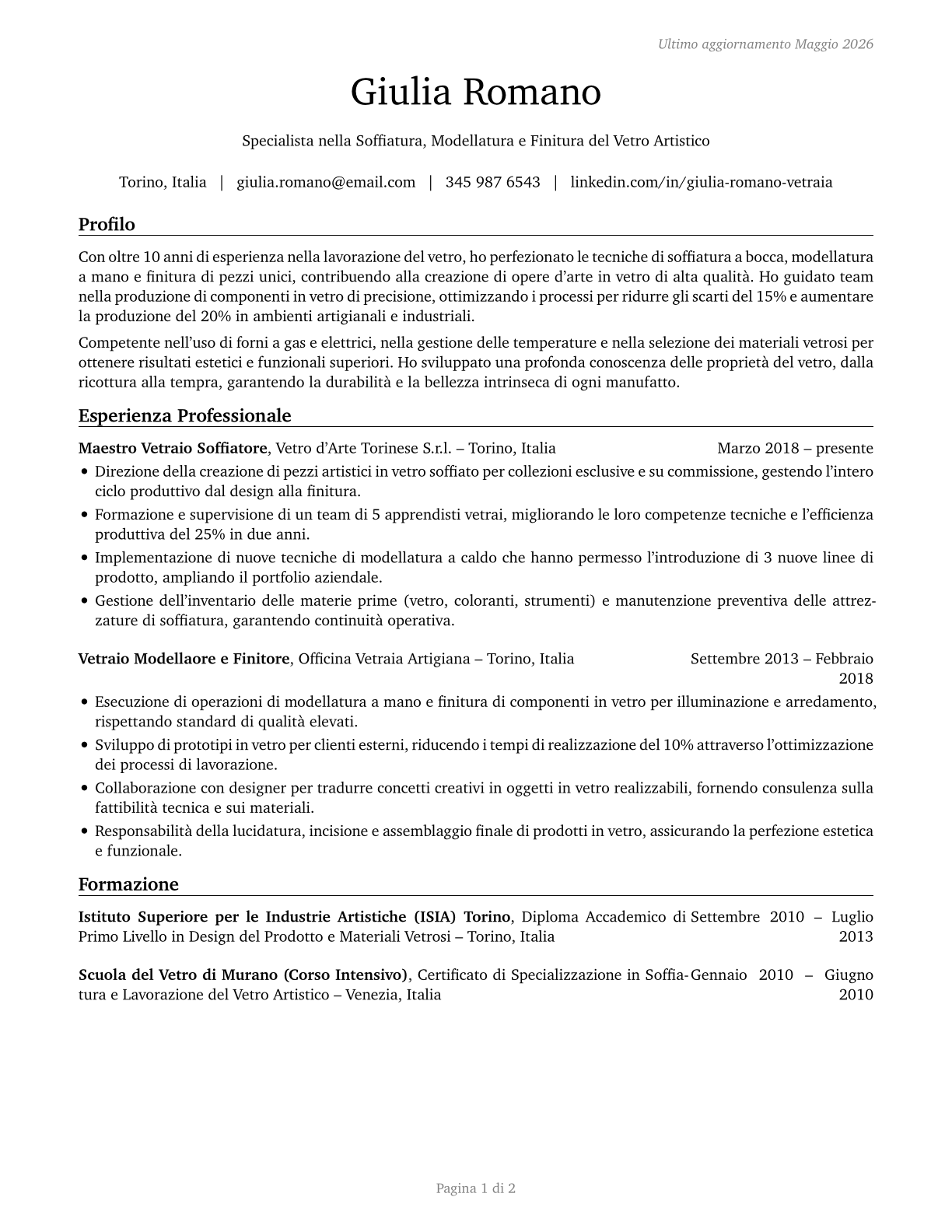 Glass Blowers, Molders, Benders, and Finishers CV in Italian — page 1