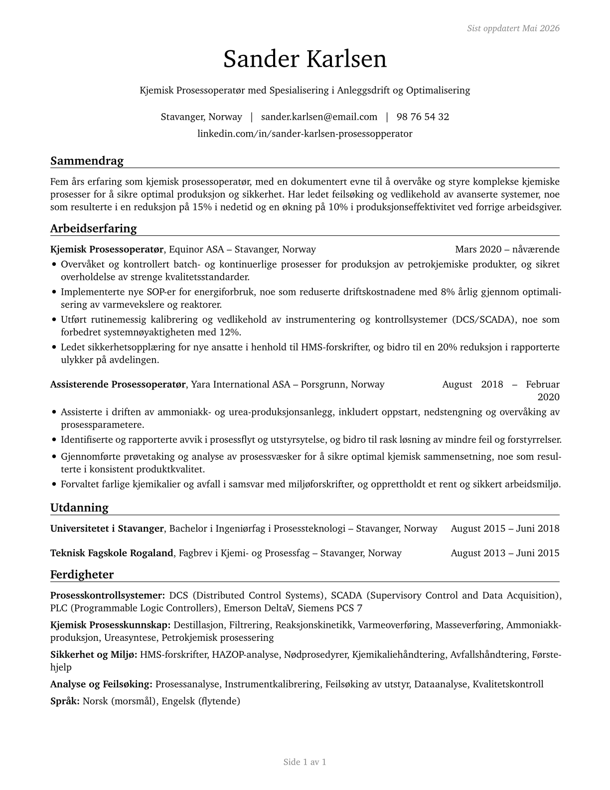 Chemical Plant and System Operators CV in Norwegian_bokmal — page 1
