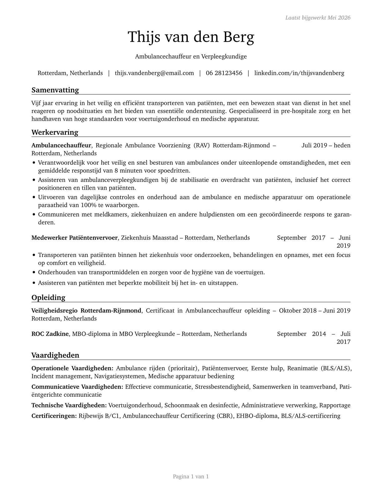 Ambulance Drivers and Attendants, Except Emergency Medical Technicians CV in Dutch — page 1