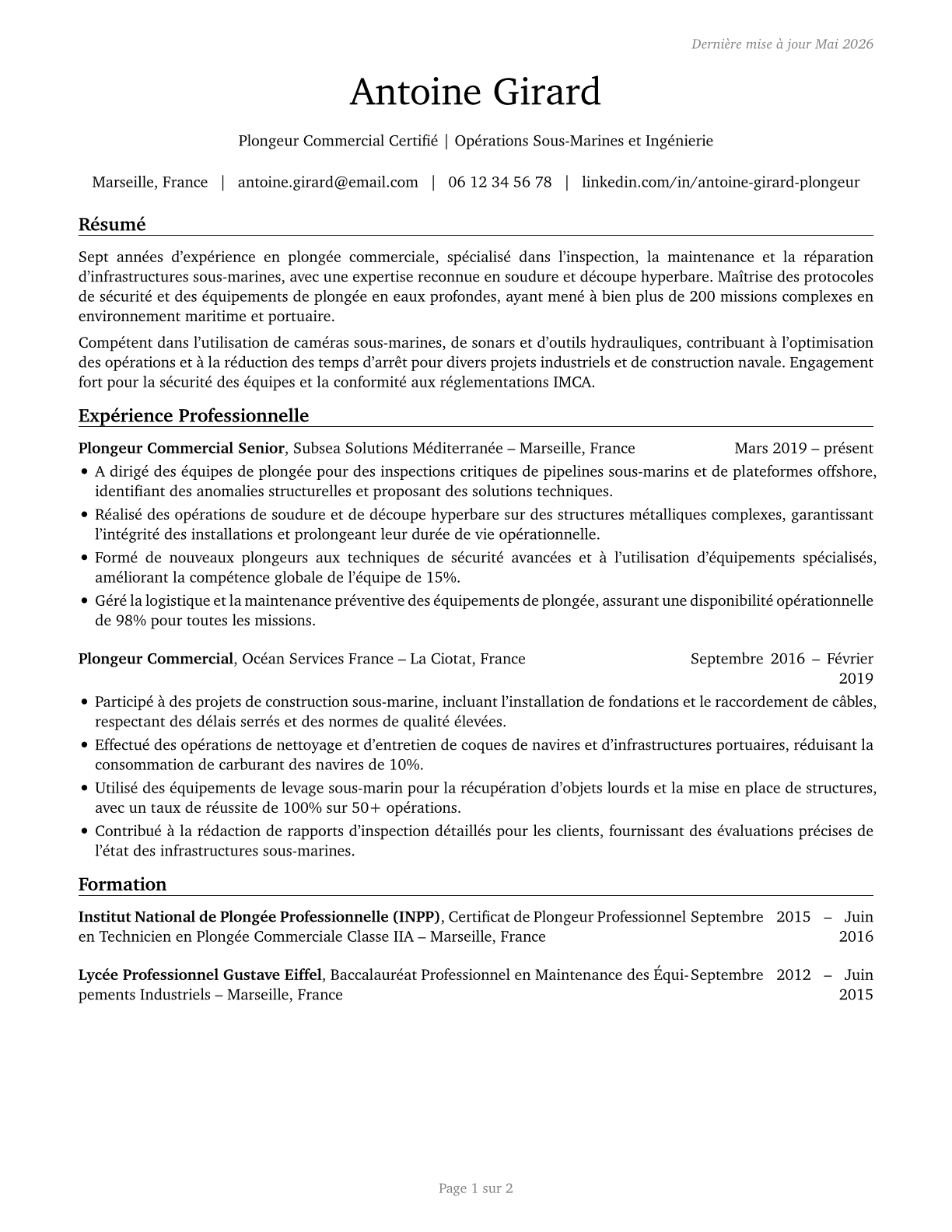 Commercial Divers CV in French — page 1