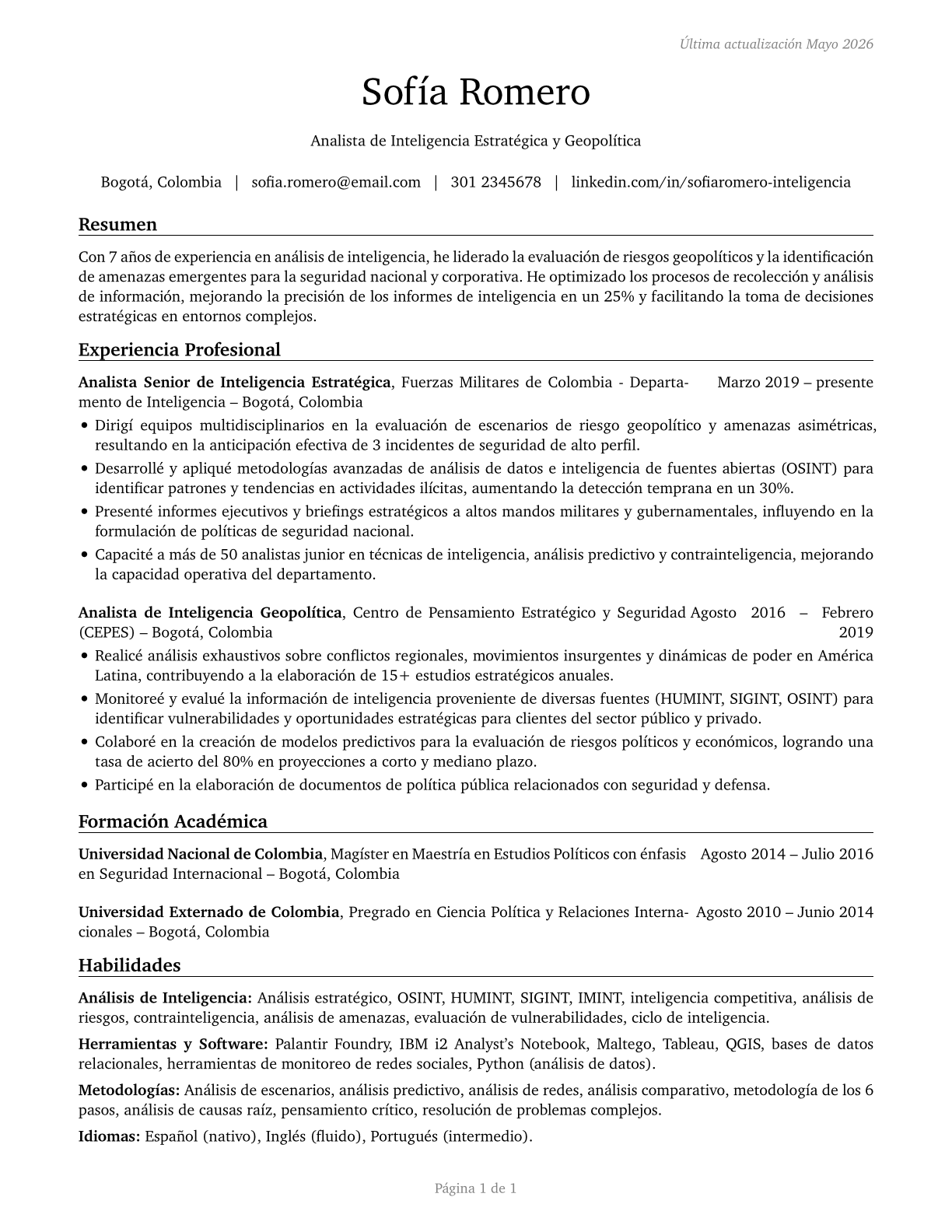 Intelligence Analysts CV in Spanish — page 1