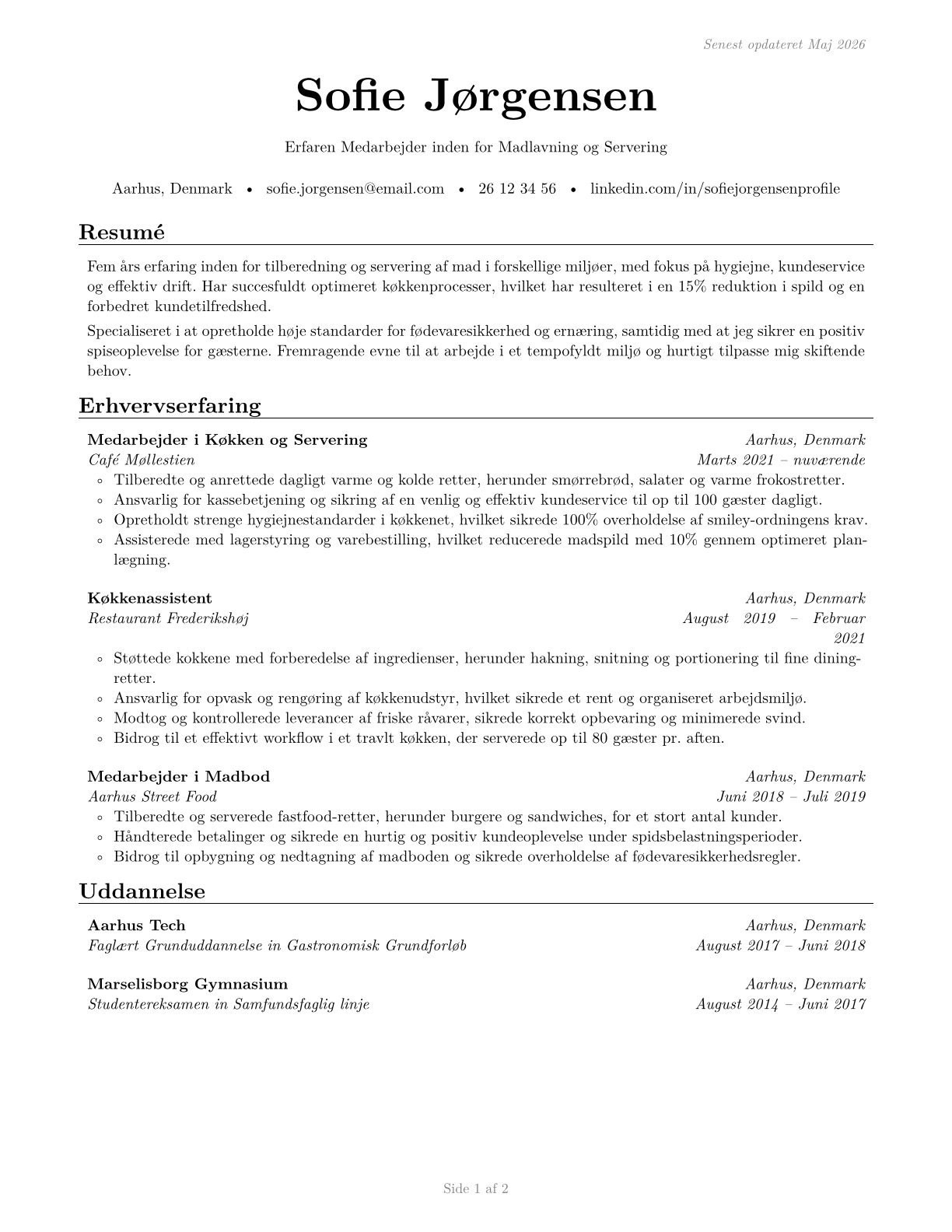 Food Preparation and Serving Related Workers, All Other CV in Danish — page 1