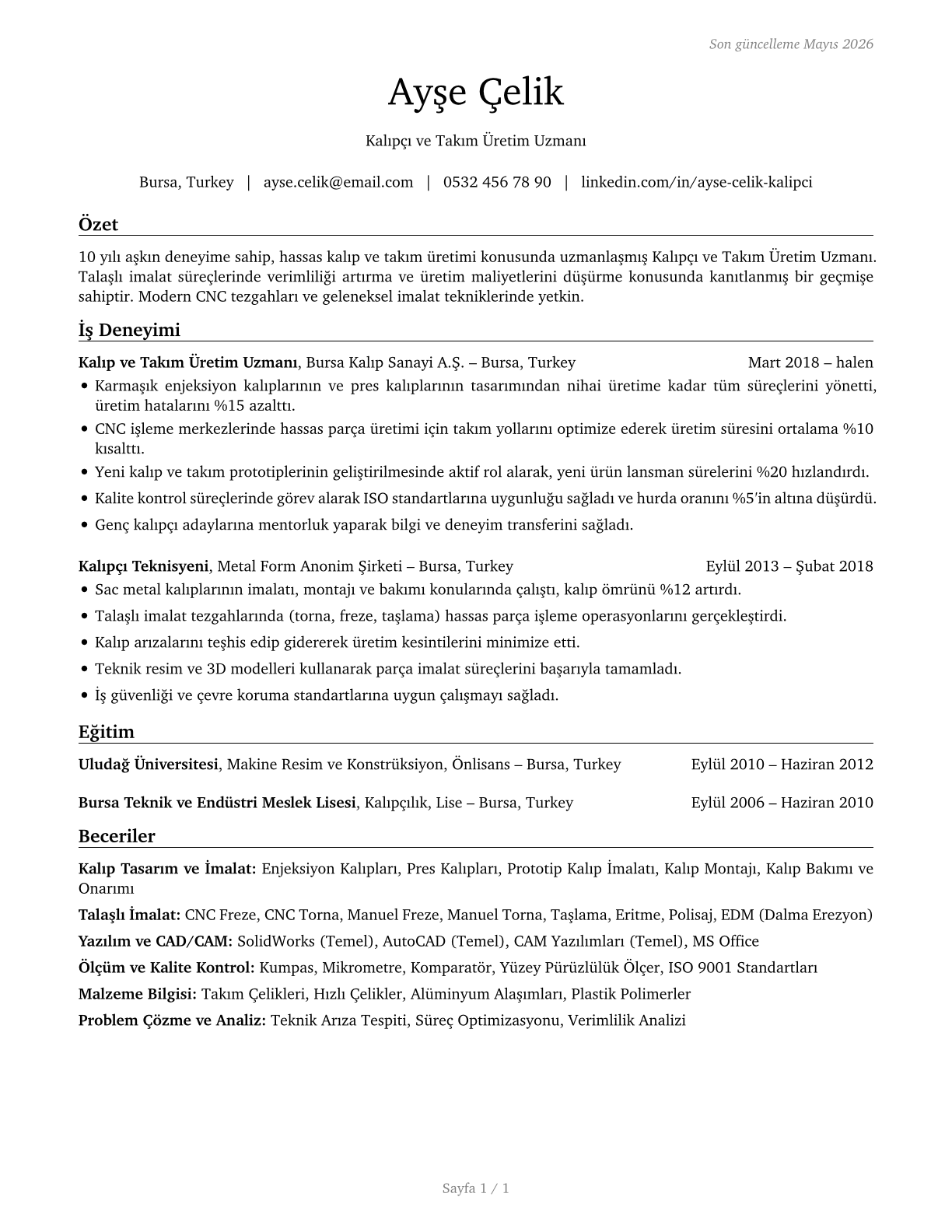 Tool and Die Makers CV in Turkish — page 1