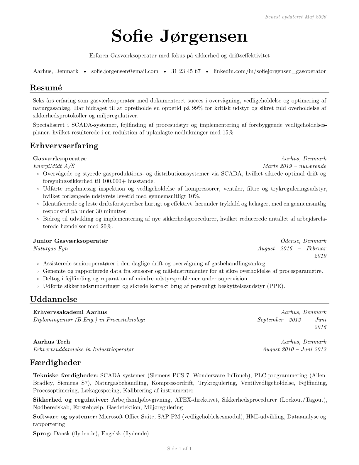 Gas Plant Operators CV in Danish — page 1