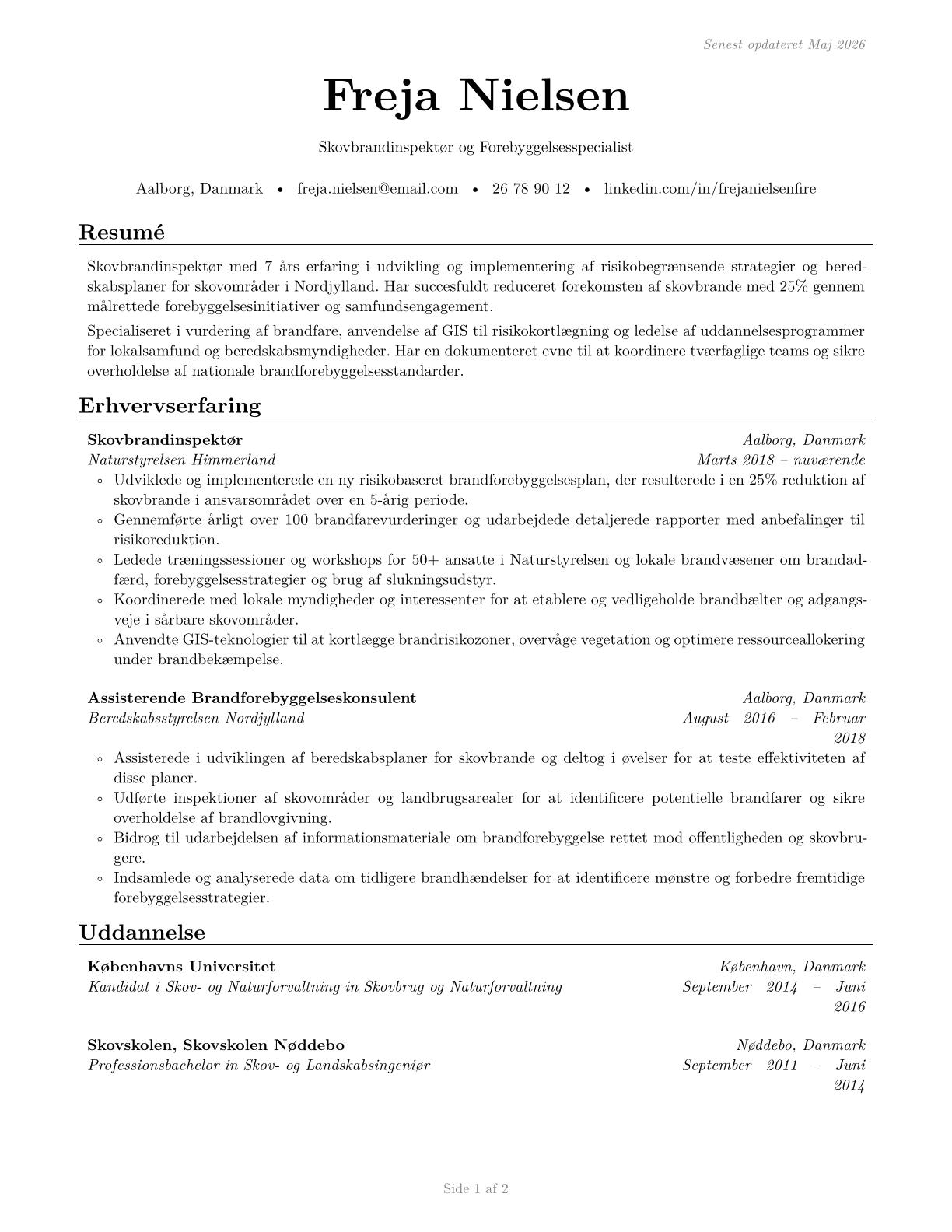Forest Fire Inspectors and Prevention Specialists CV in Danish — page 1