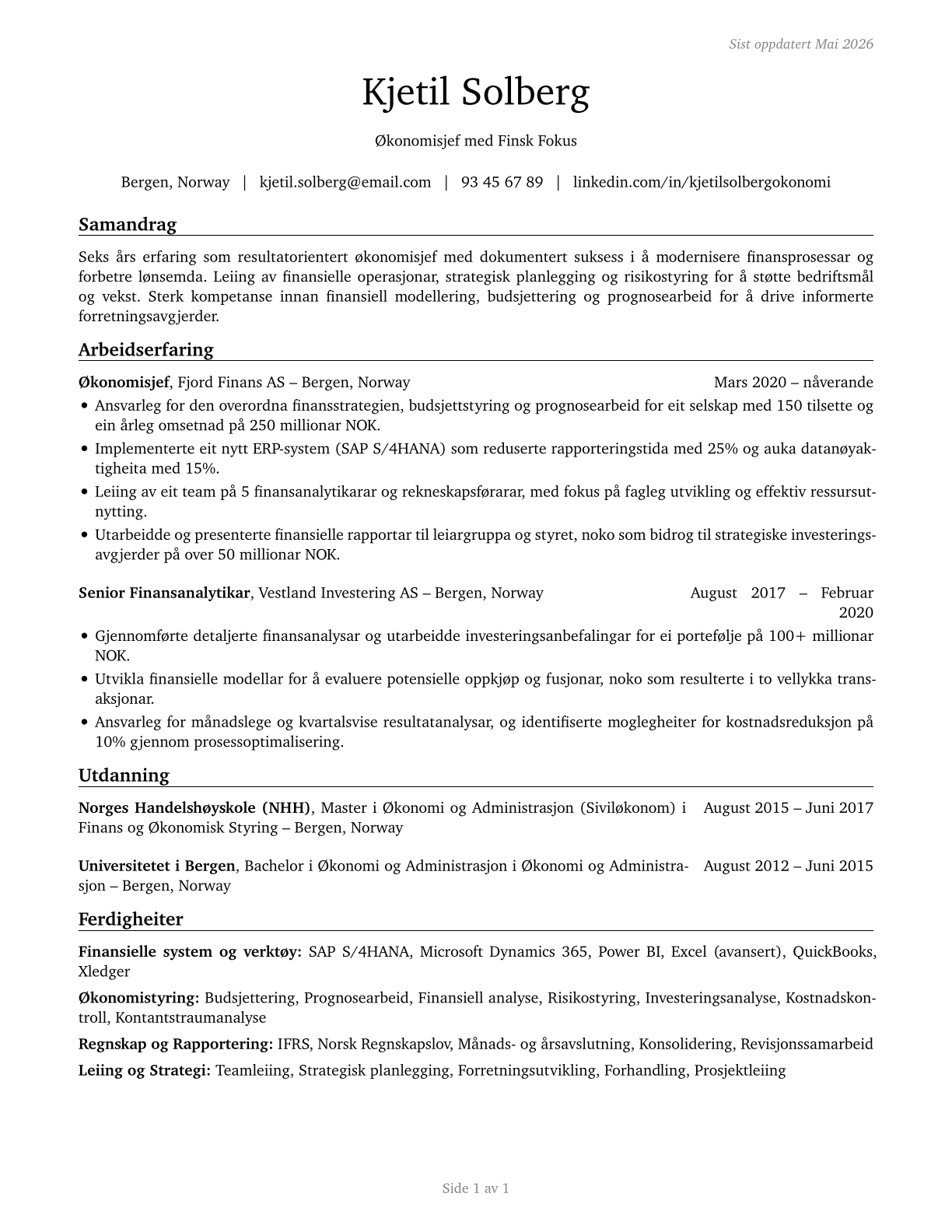 Financial Managers CV in Norwegian_nynorsk — page 1